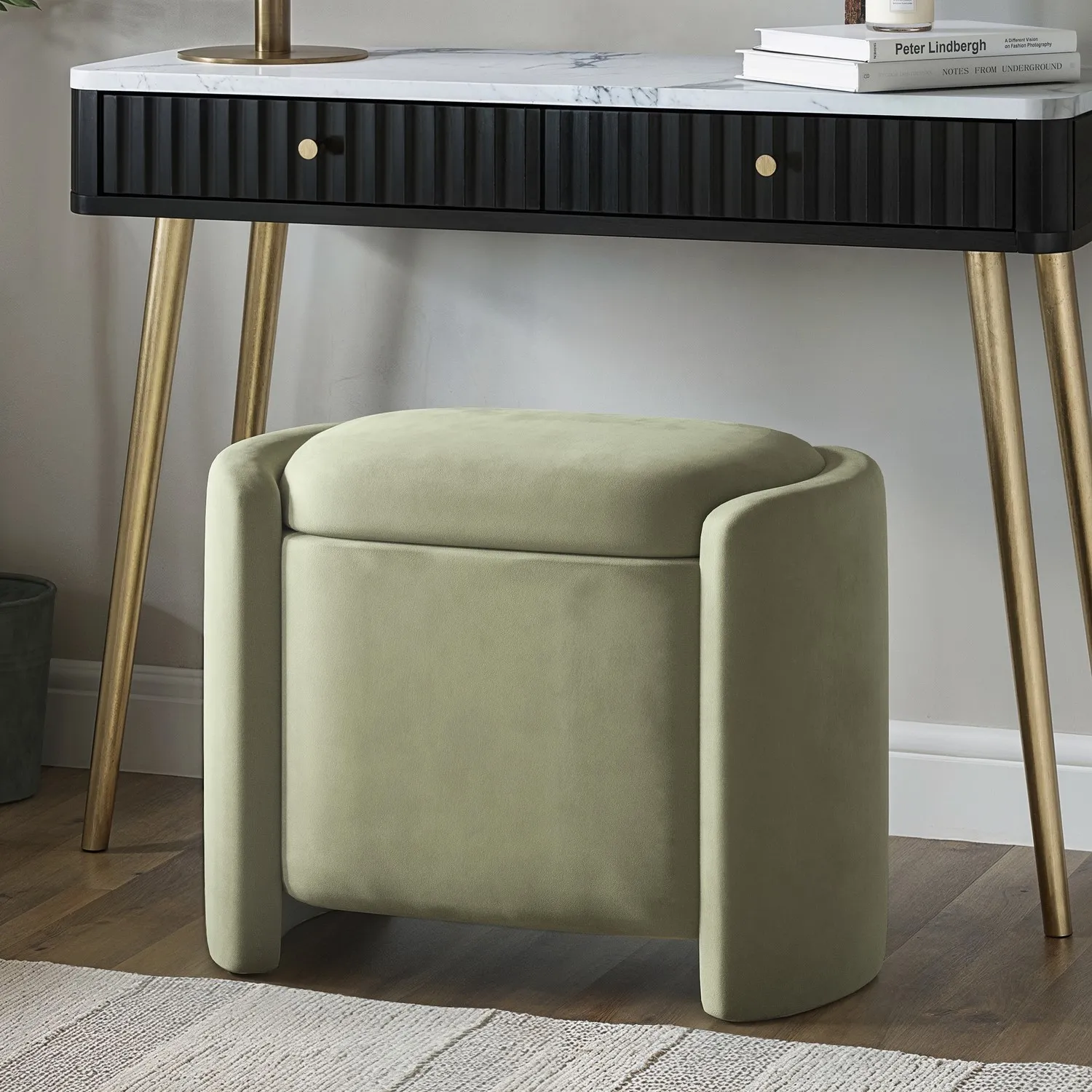 Ottoman Stool with Storage - Green, Velvet image