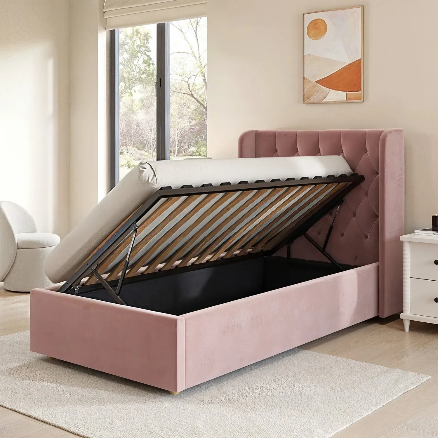 Single Ottoman Bed with Side-Lift - Pink, Velvet