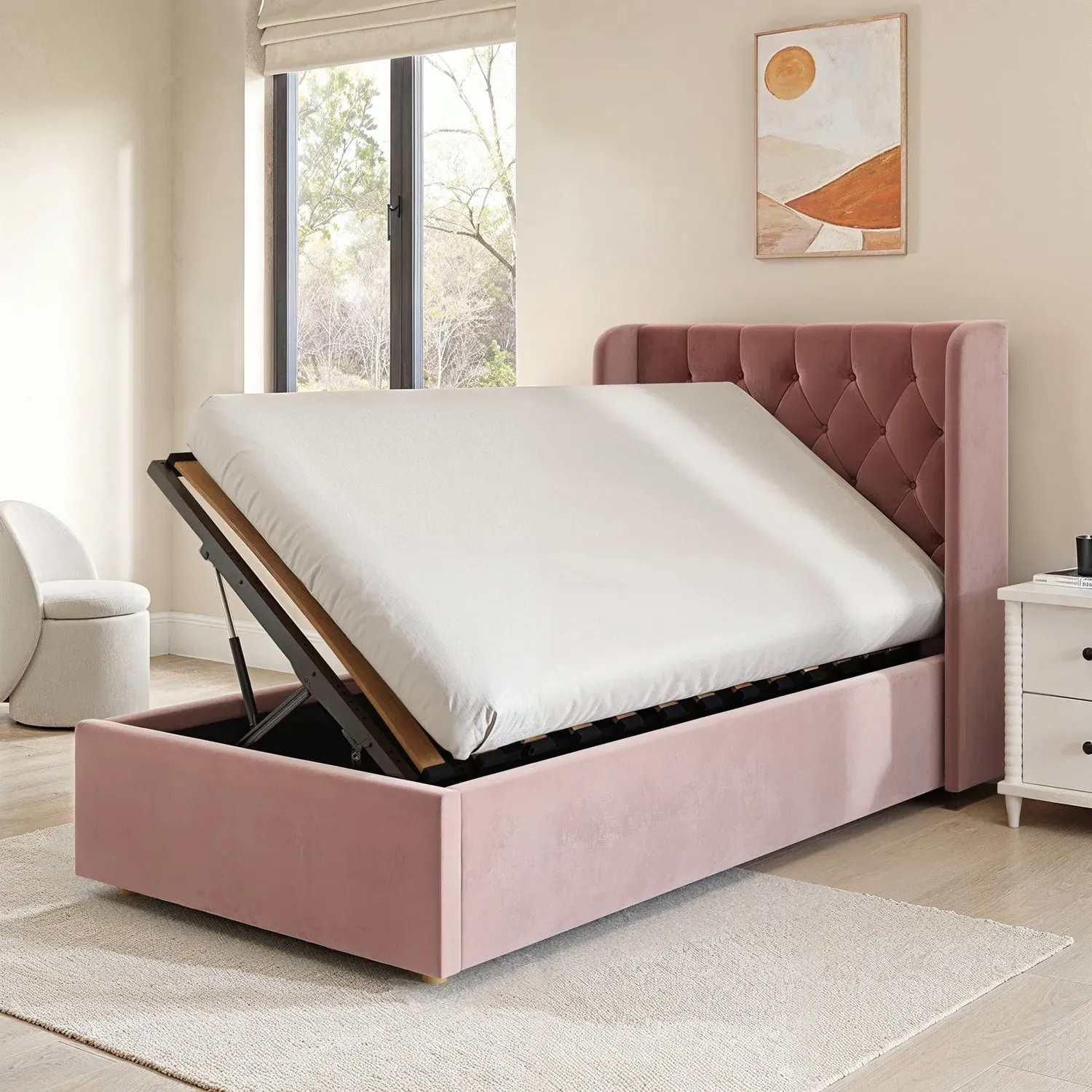 Single Ottoman Bed with Side-Lift - Pink, Velvet