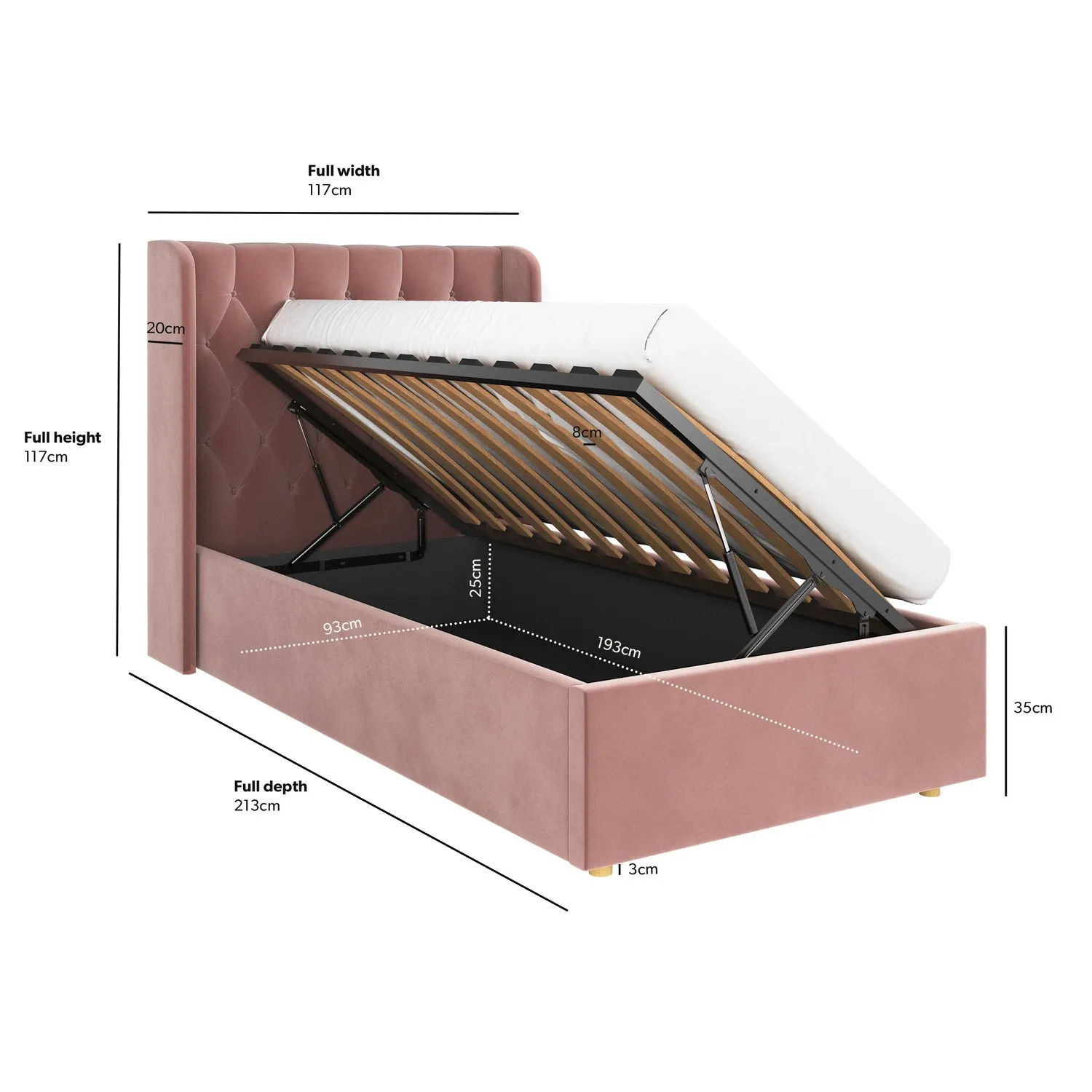 Single Ottoman Bed with Side-Lift - Pink, Velvet