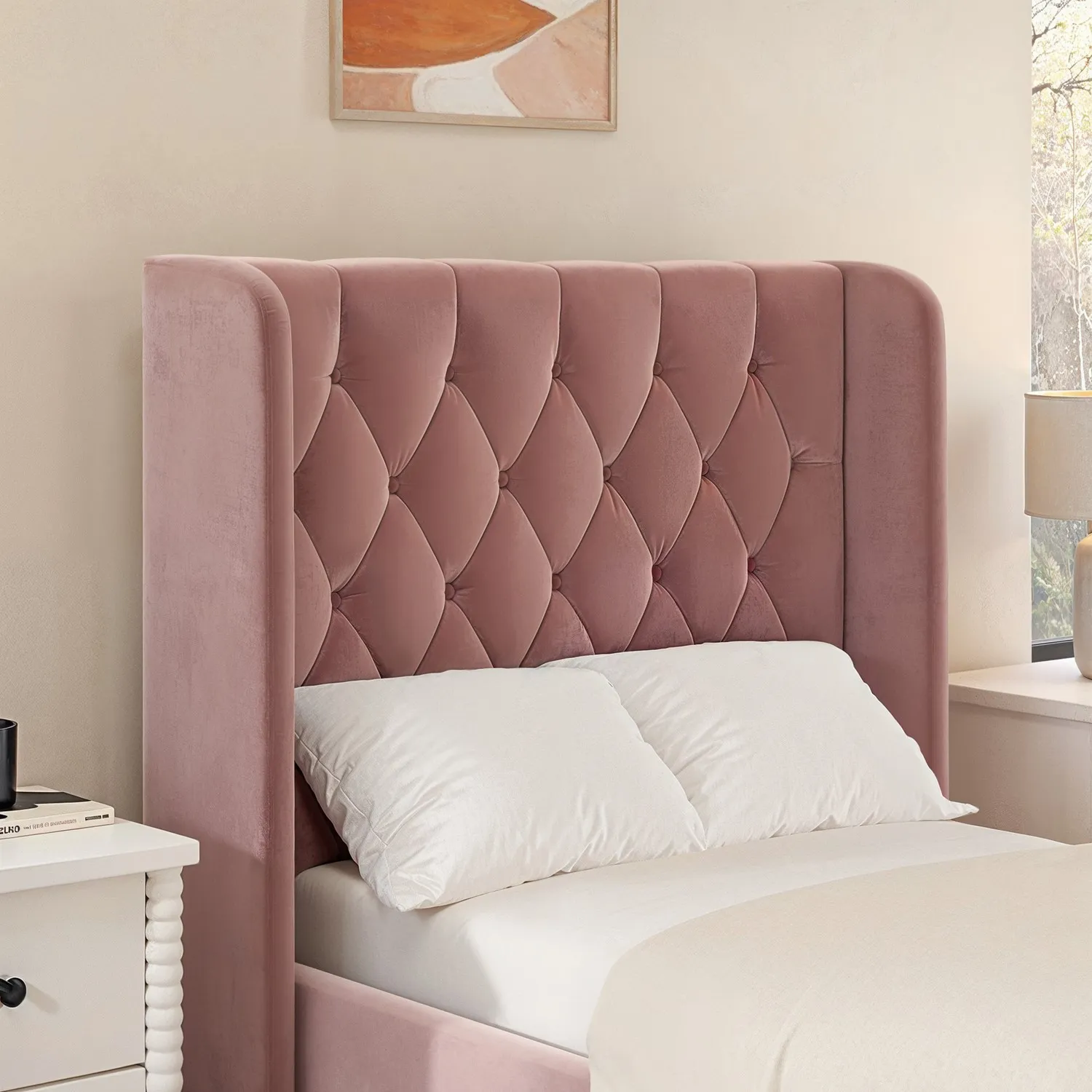 Single Ottoman Bed with Side-Lift - Pink, Velvet