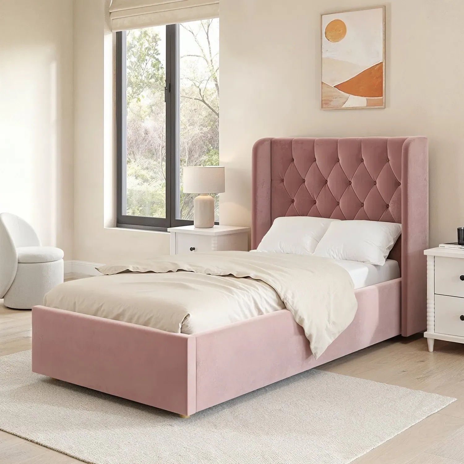 Single Ottoman Bed with Side-Lift - Pink, Velvet image