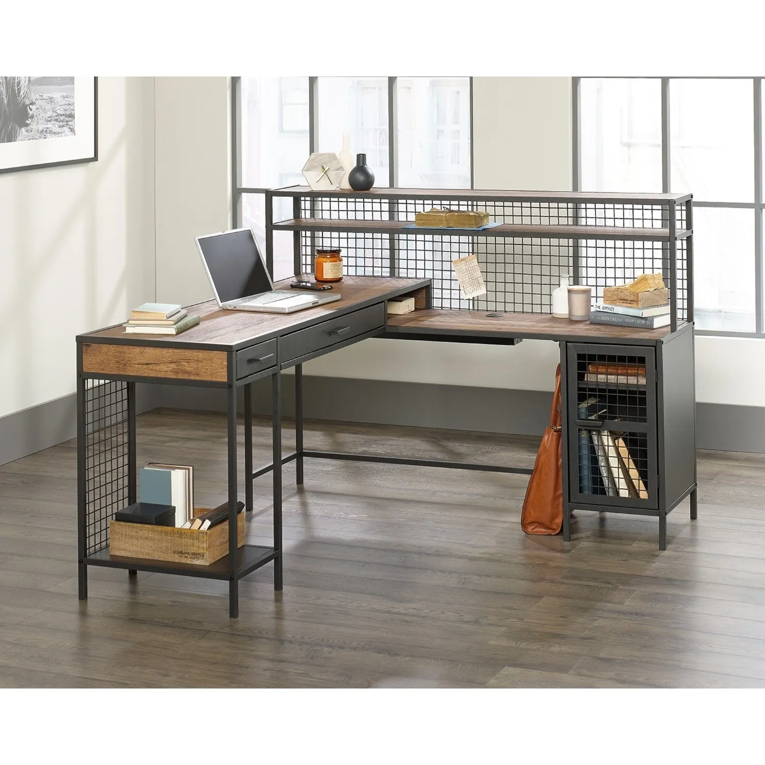 L-Shaped Desk with Storage - Black, Metal