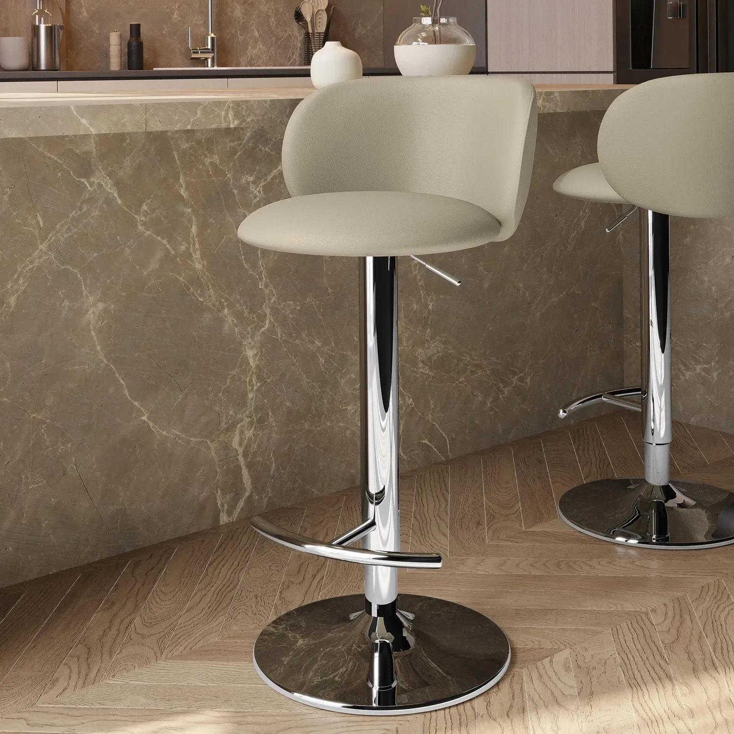 Adjustable Swivel Bar Stool - Beige, Faux Leather