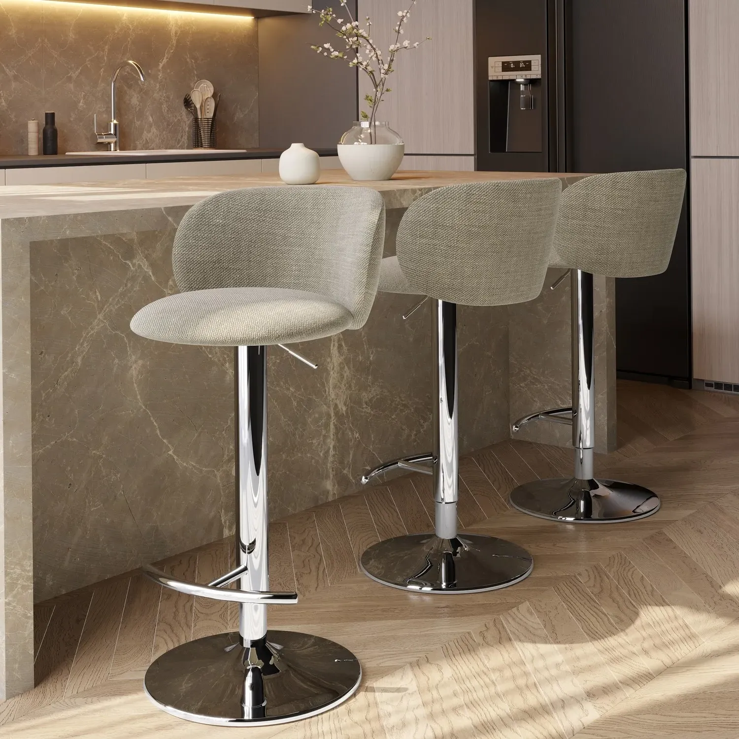 Set of 3 Adjustable Swivel Bar Stools - Beige image