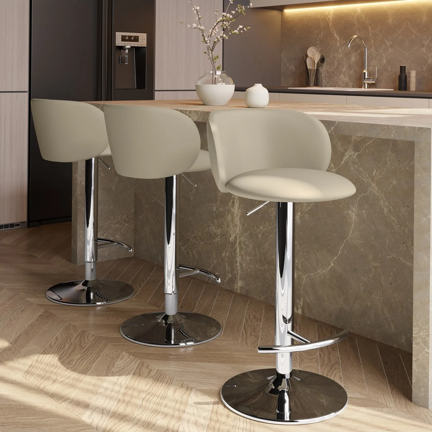 Set of 3 Swivel Bar Stools - Beige, Faux Leather