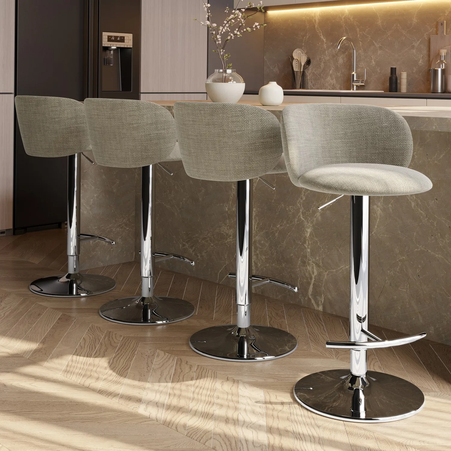 Set of 4 Adjustable Swivel Bar Stools - Beige image
