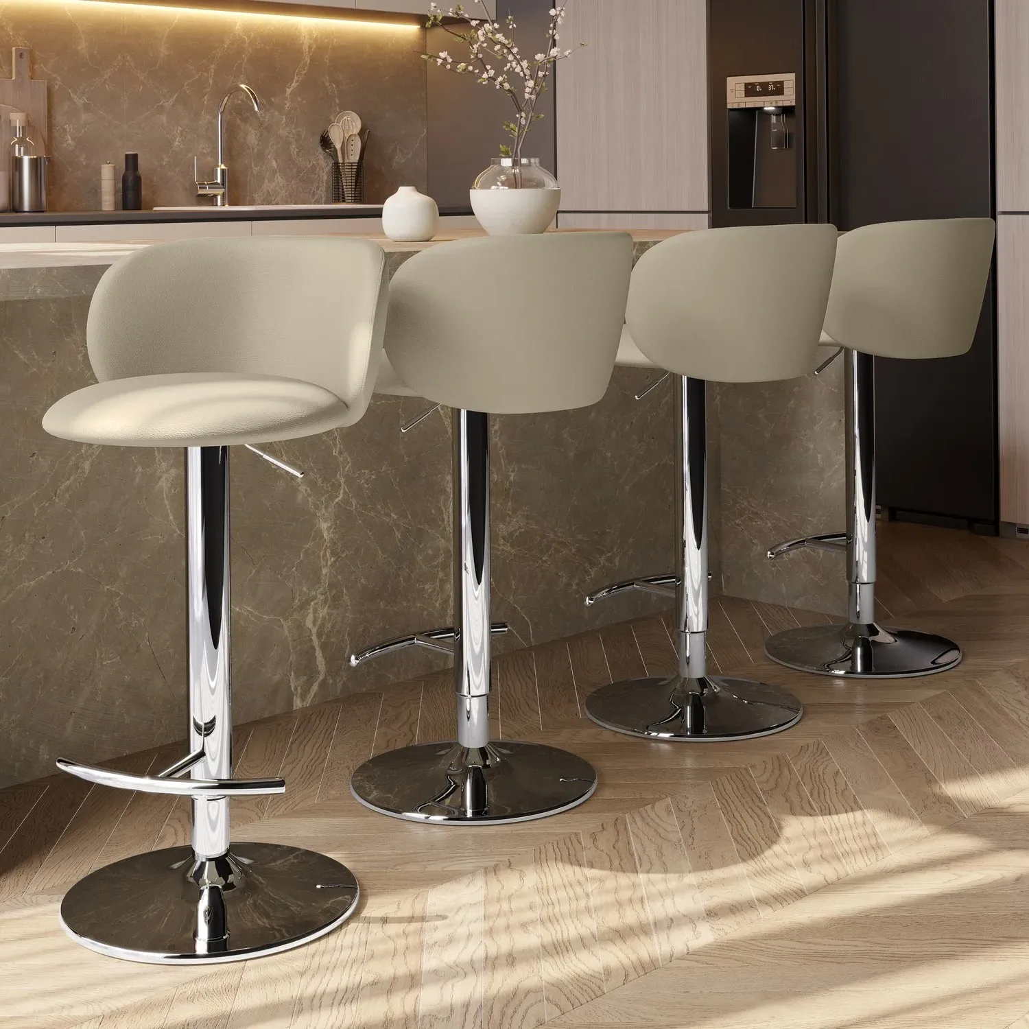Set of 4 Swivel Bar Stools - Beige, Faux Leather