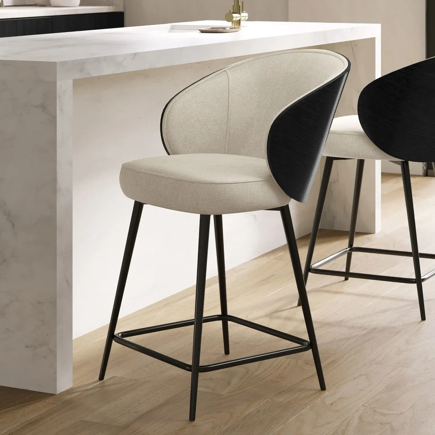 Kitchen Stool with Backrest - Beige, Chenille image
