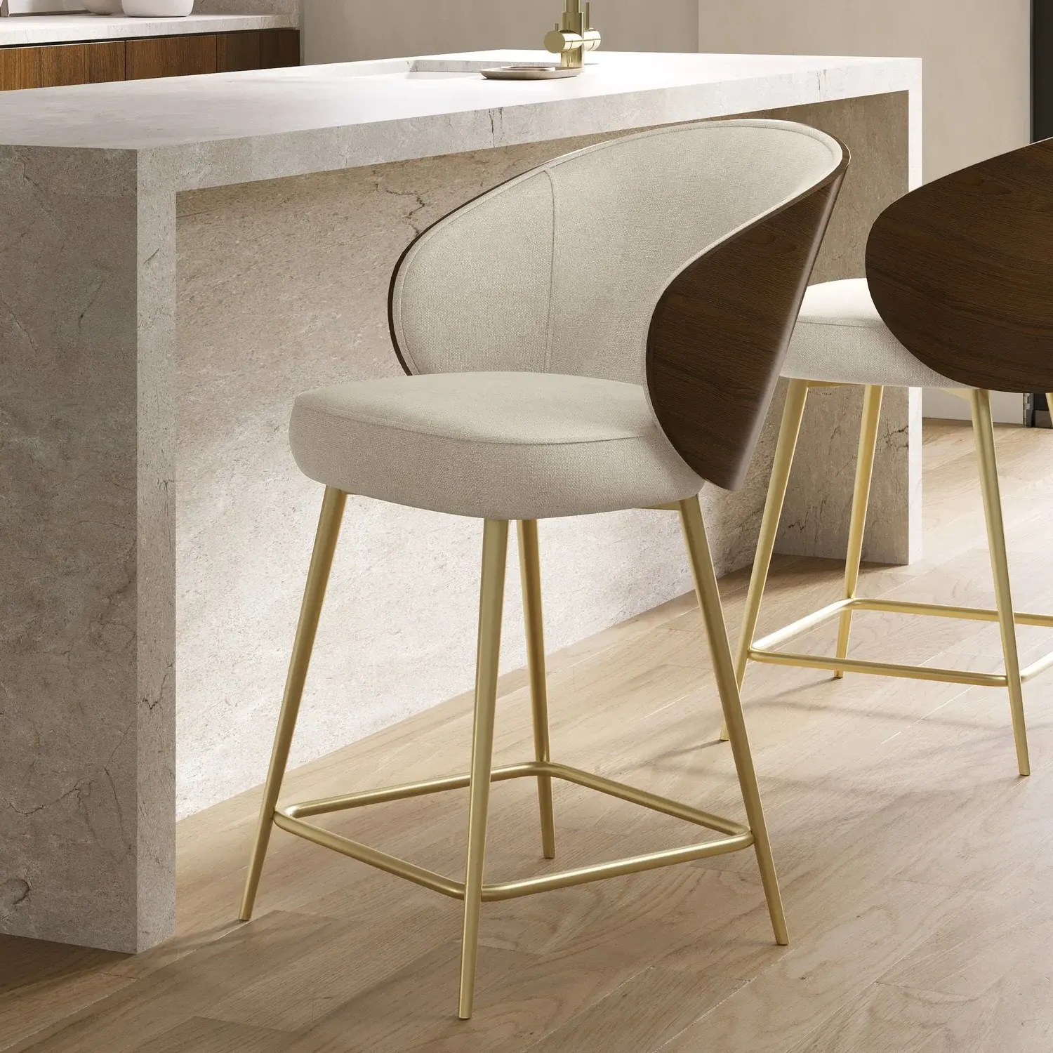 Kitchen Stool with Wooden Back - Beige, Chenille