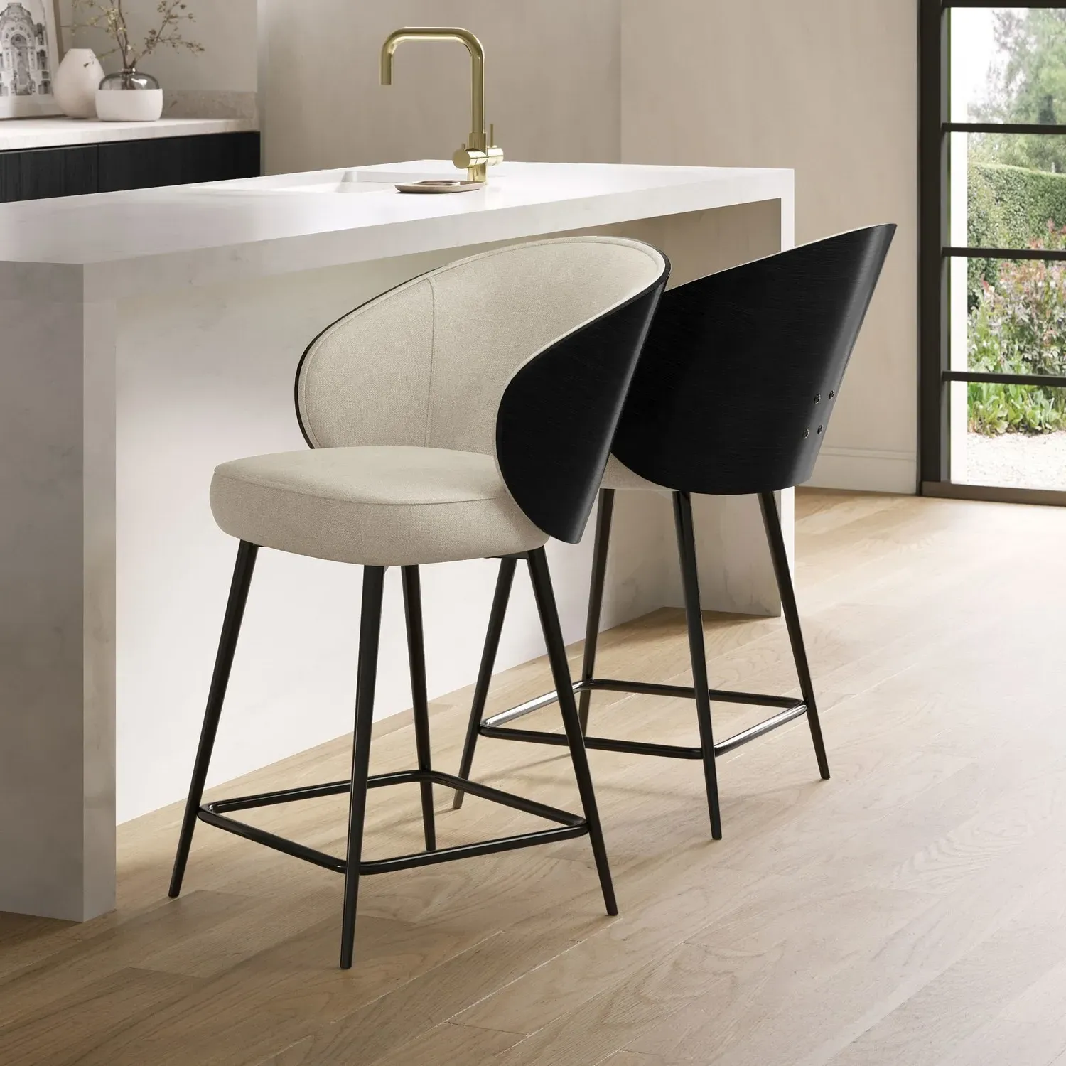 Set of 2 Kitchen Stools with Backrest - Beige image