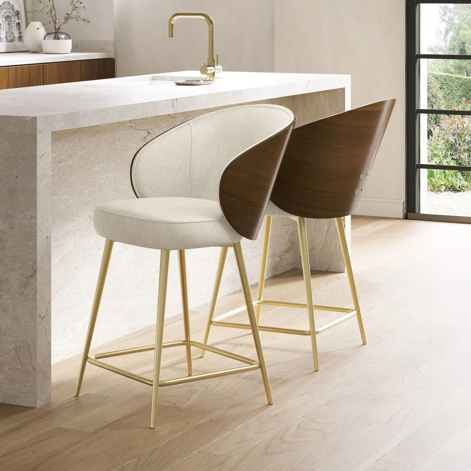 Set of 2 Kitchen Stools with Backrest - Beige image