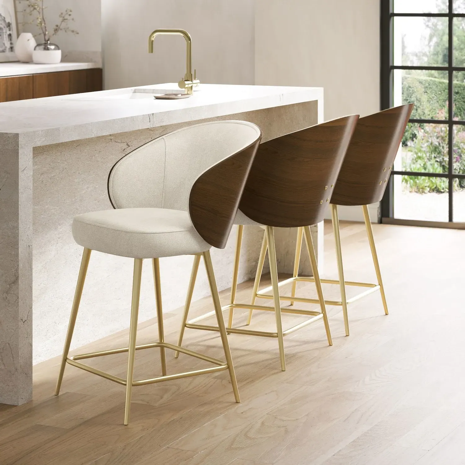 Set of 3 Kitchen Stools with Backrest - Beige image