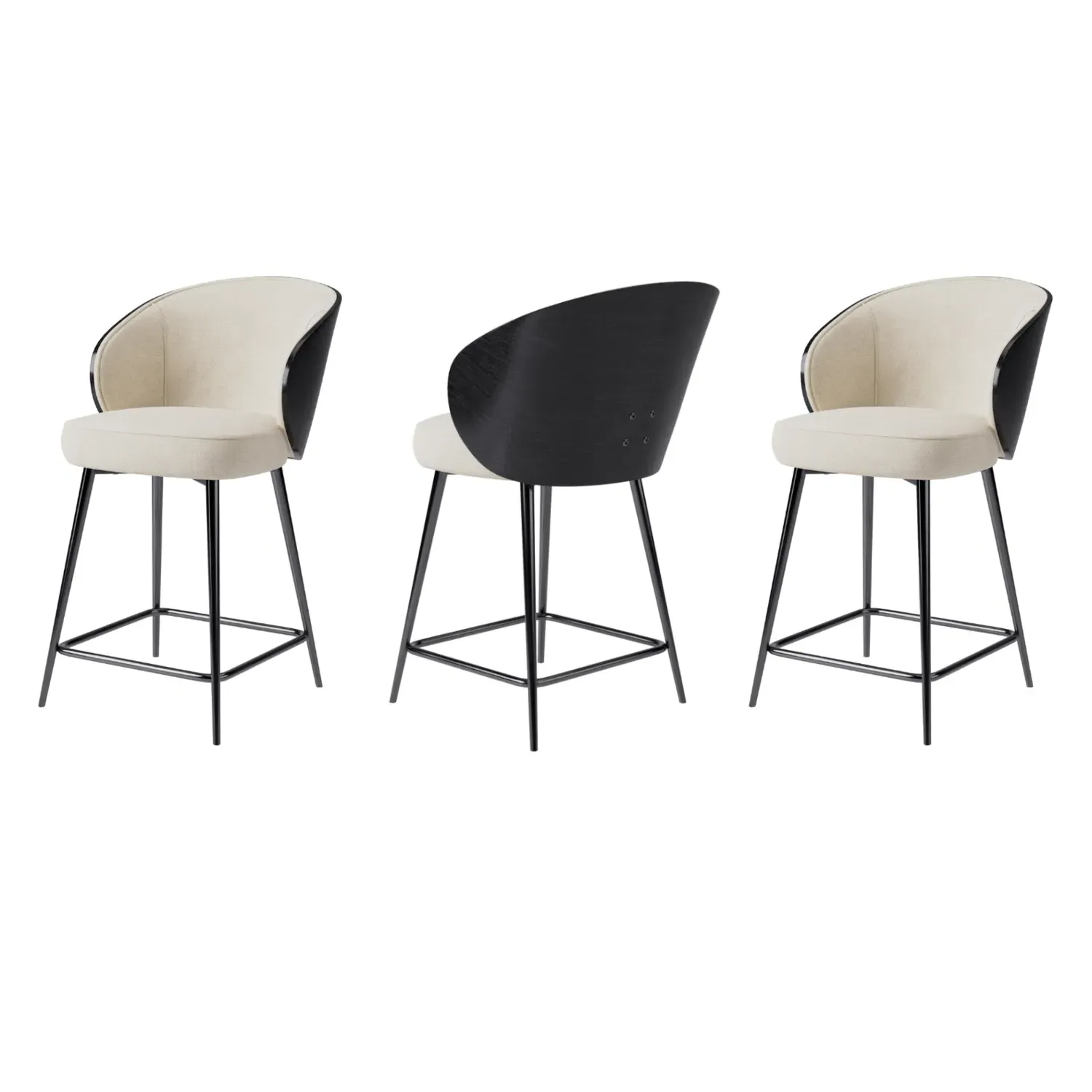 Set of 3 Kitchen Stools with Backrest - Black