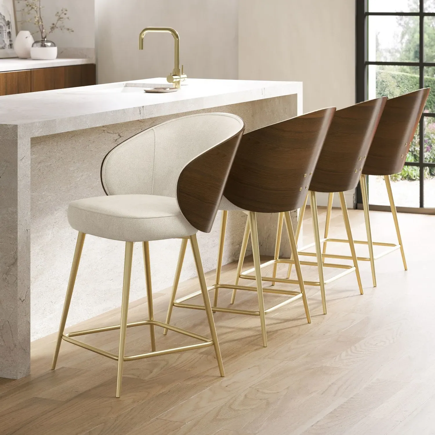 Set of 4 Kitchen Stools with Backrest - Beige
