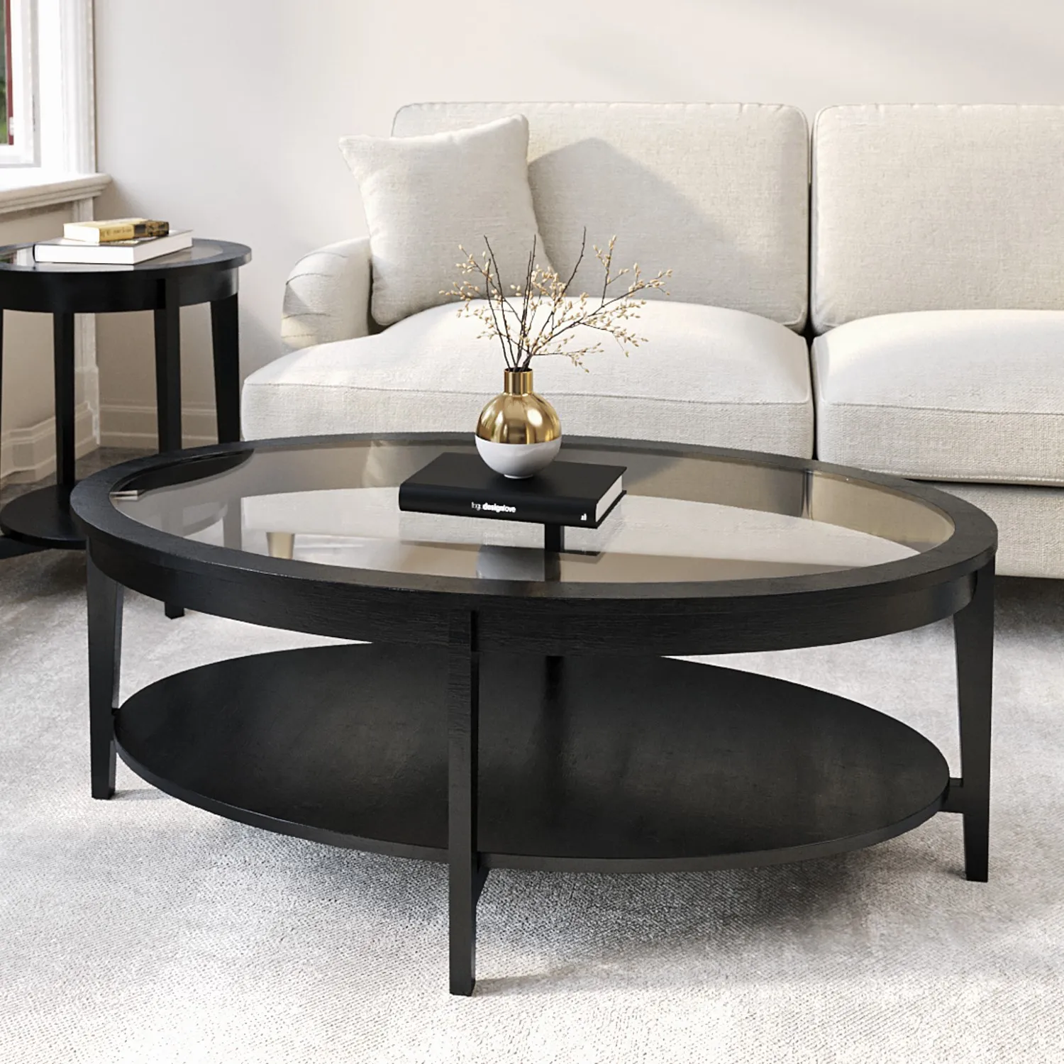 Oval Coffee Table with Storage - Black, Ash Wood