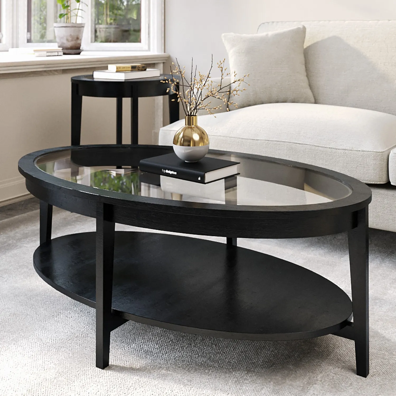 Oval Coffee Table with Storage - Black, Ash Wood image