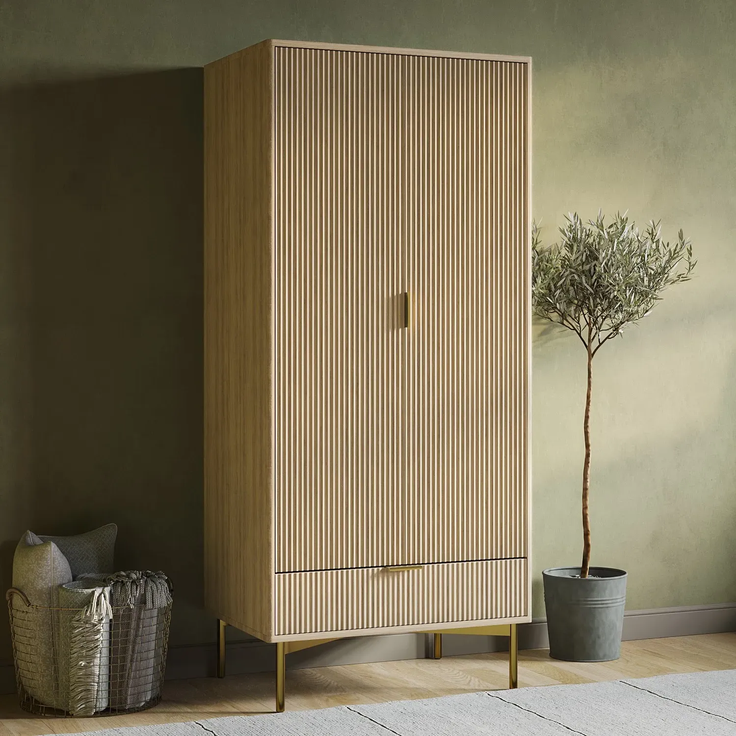 2-Door Wardrobe with Drawer - Oak, MDF