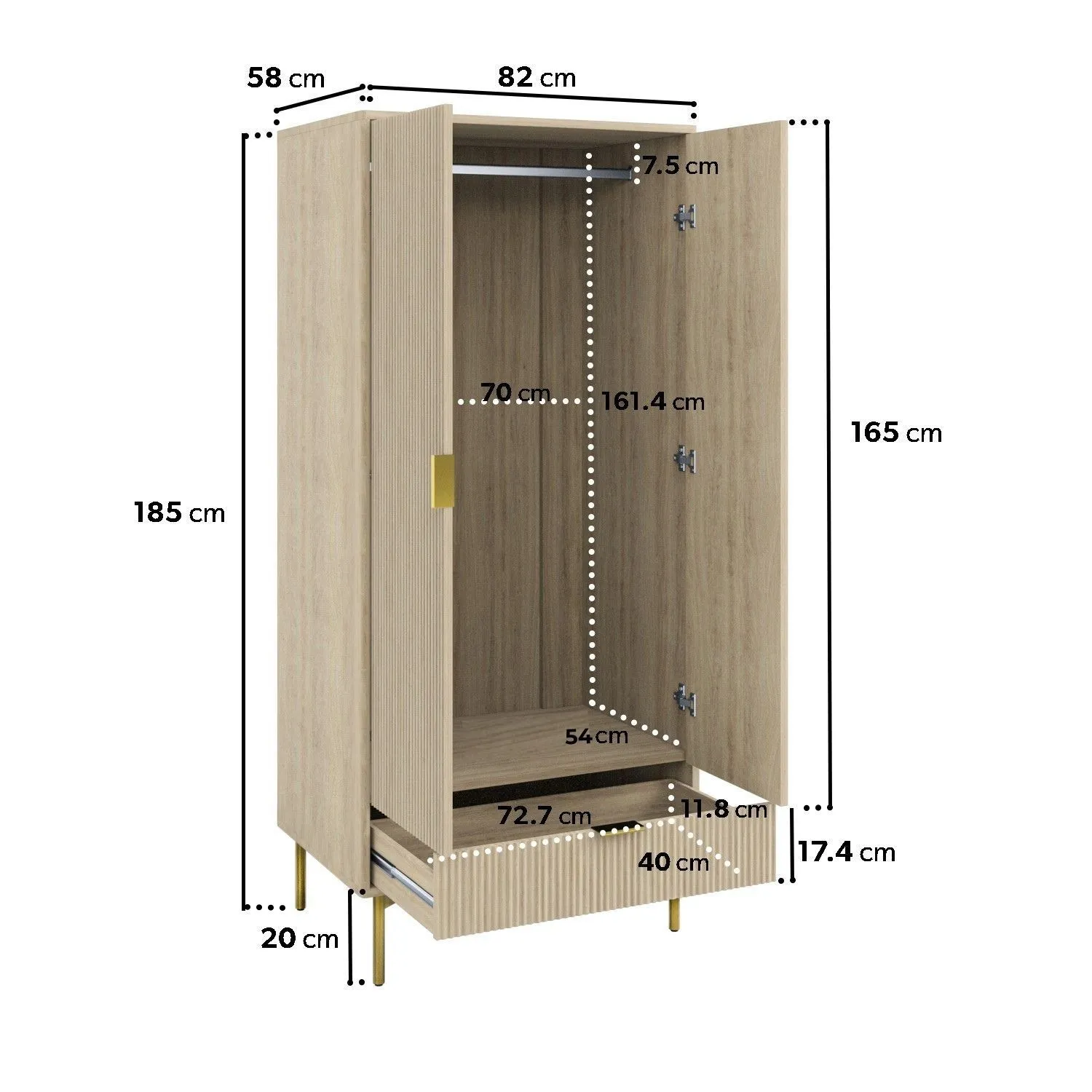 2-Door Wardrobe with Drawer - Oak, MDF