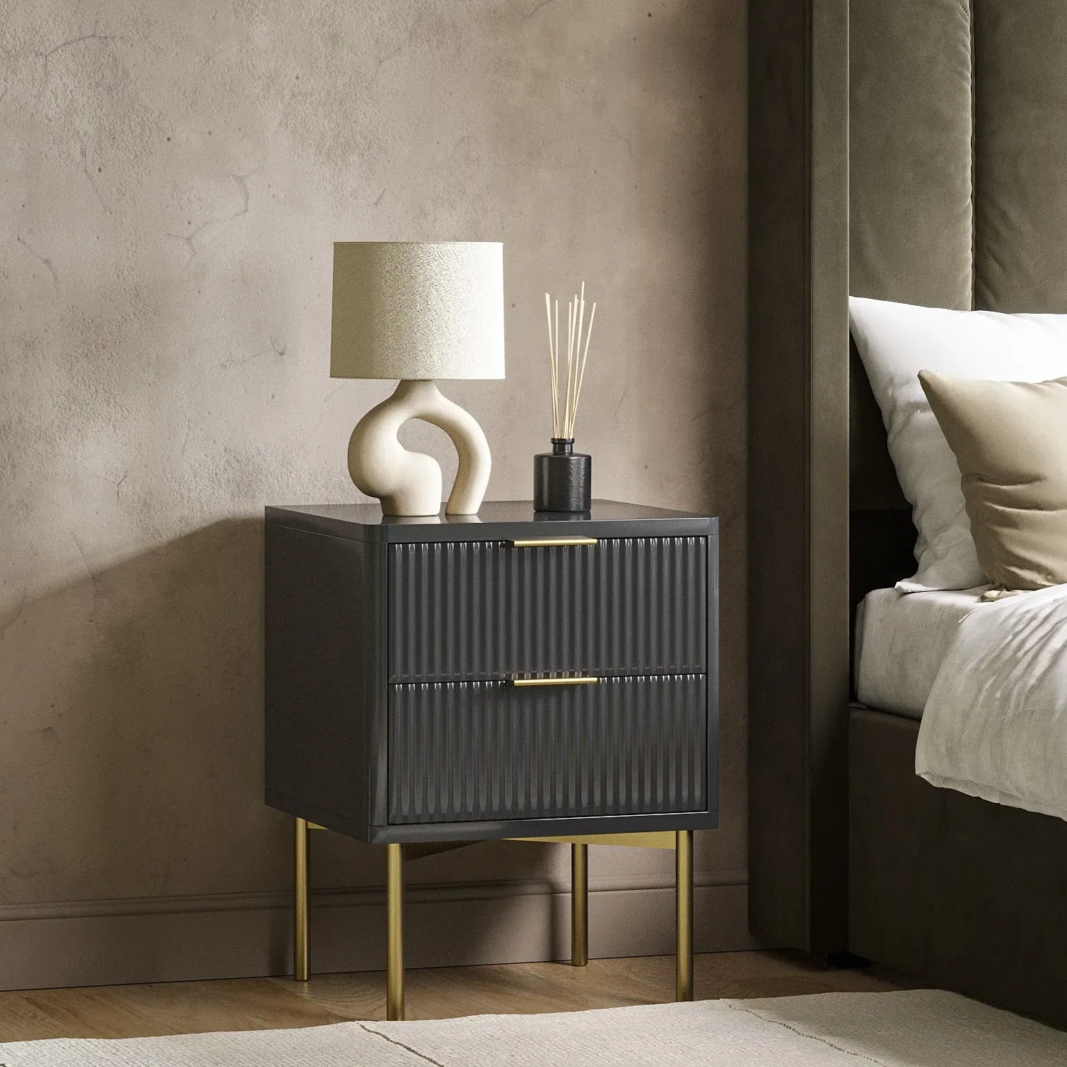 2 Drawer Bedside Table with Legs - Grey, High Gloss