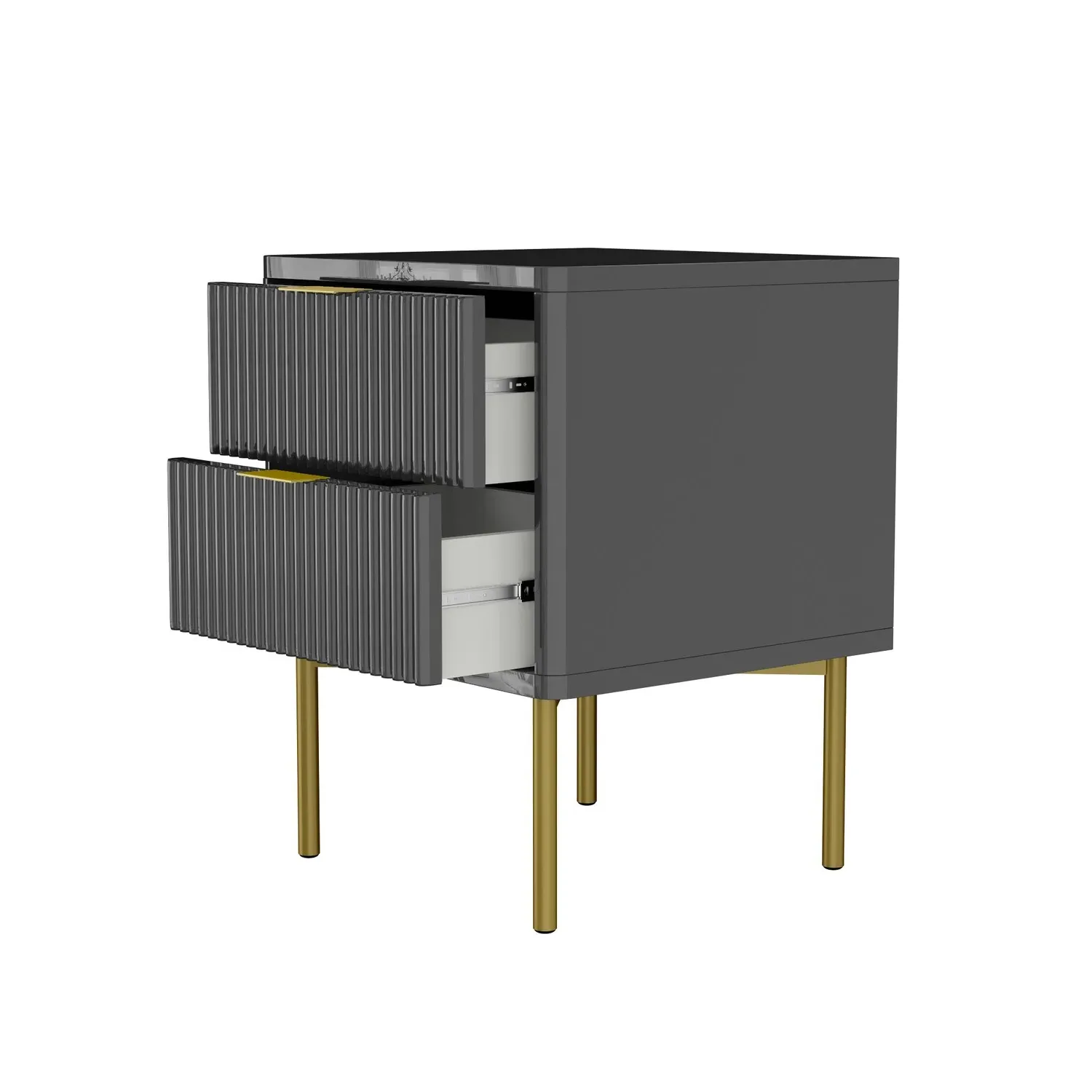 2 Drawer Bedside Table with Legs - Grey, High Gloss
