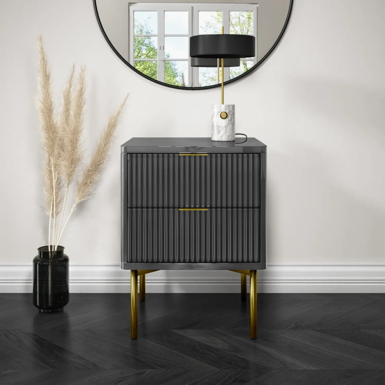 2 Drawer Bedside Table with Legs - Grey, High Gloss