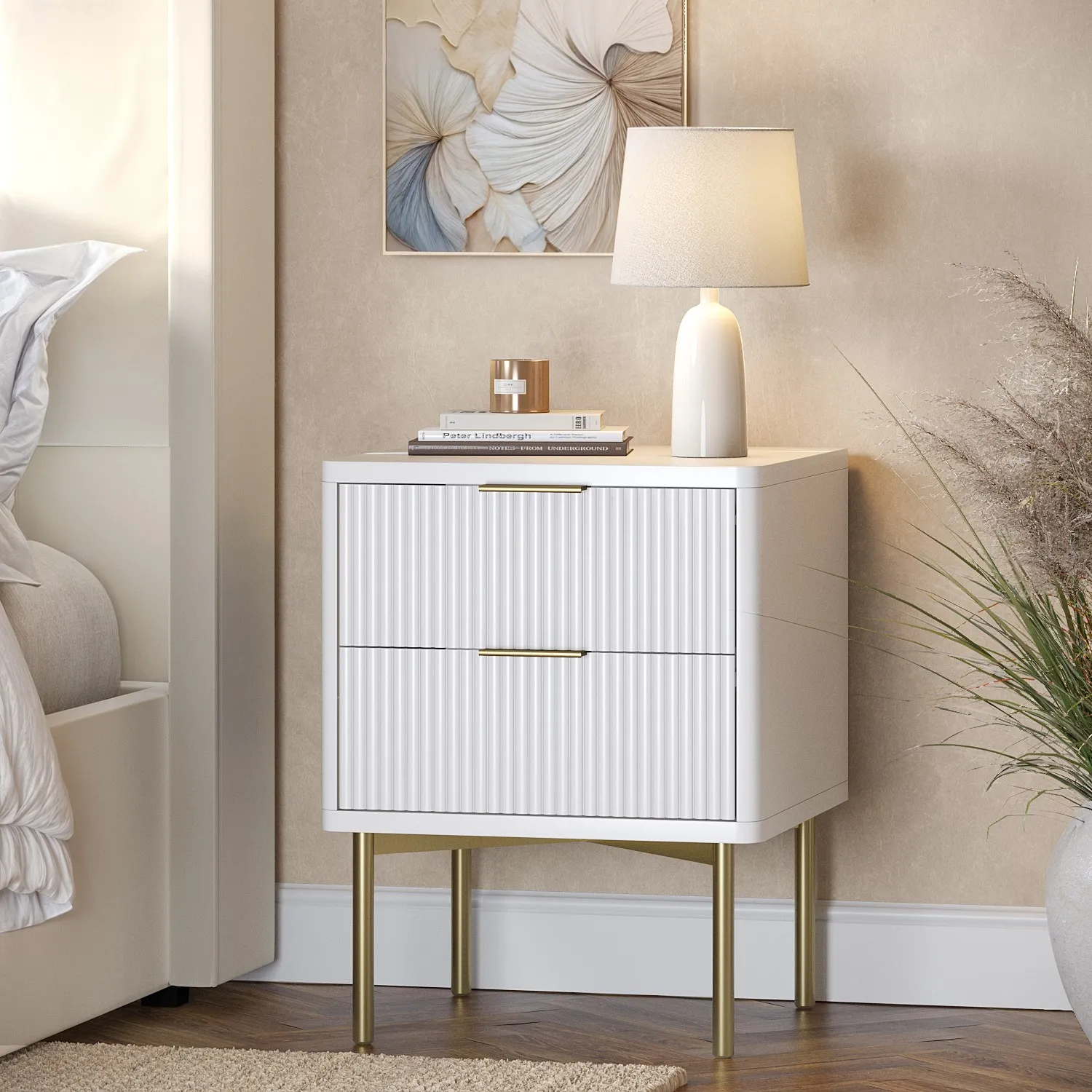 2 Drawer Bedside Table with Legs - White, High Gloss image