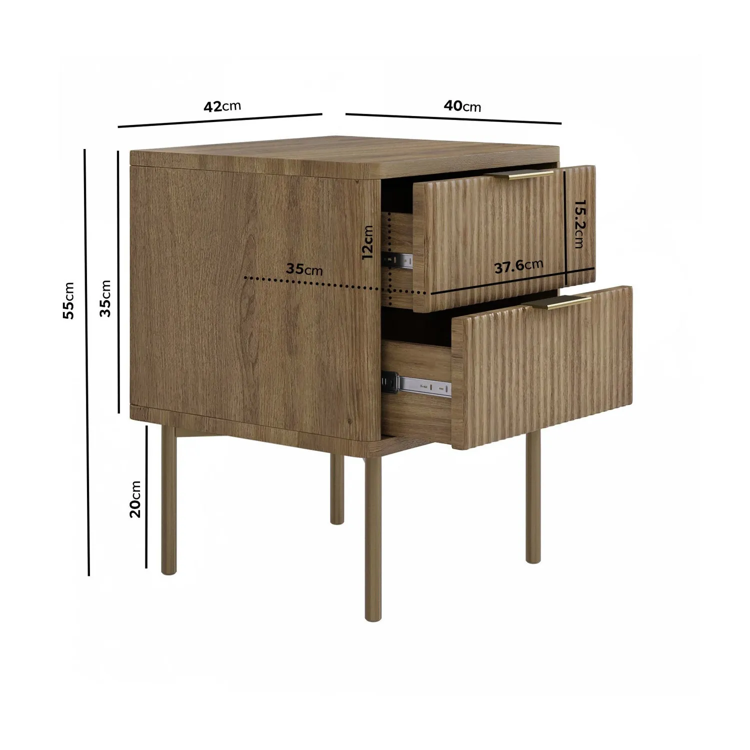 2-Drawer Bedside Table with Ribbed Front - Oak