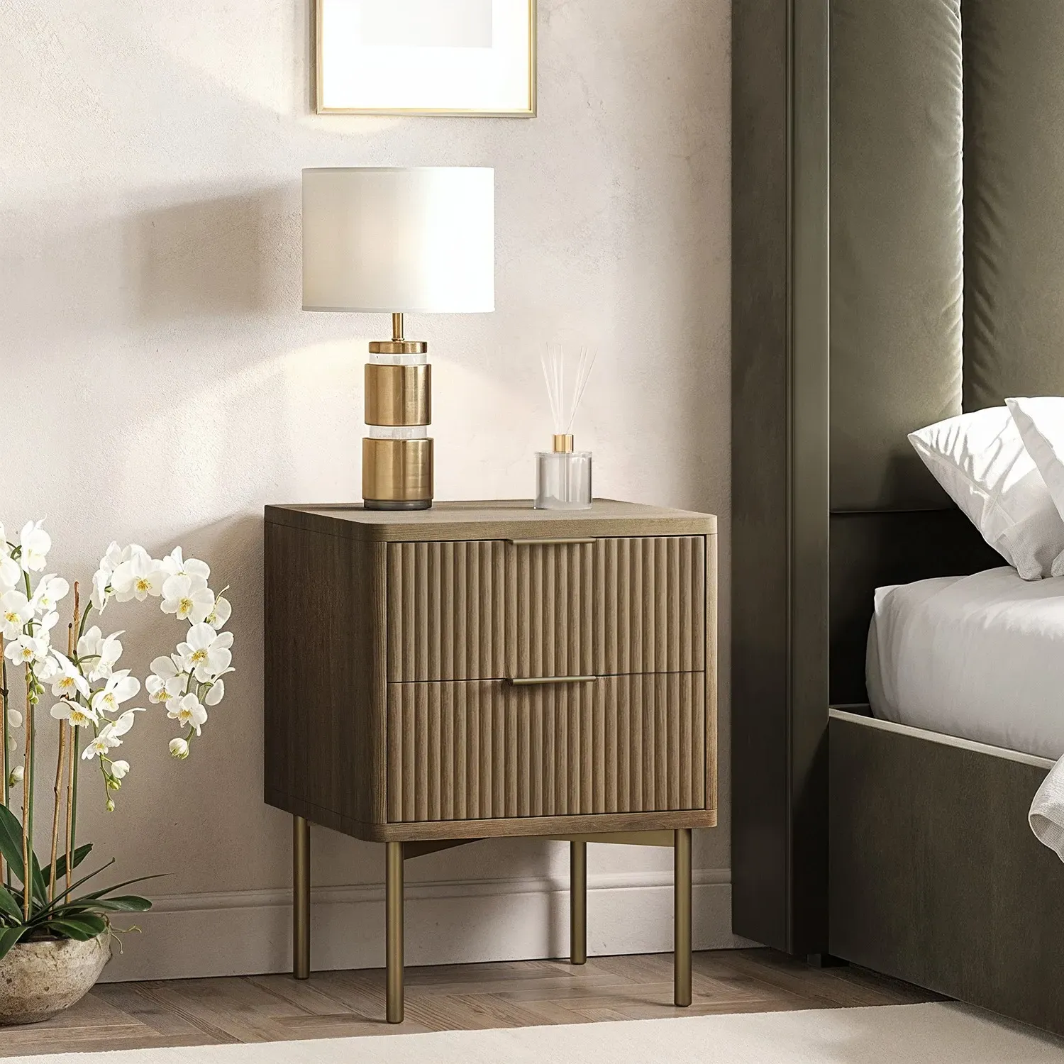 2-Drawer Bedside Table with Ribbed Front - Oak image