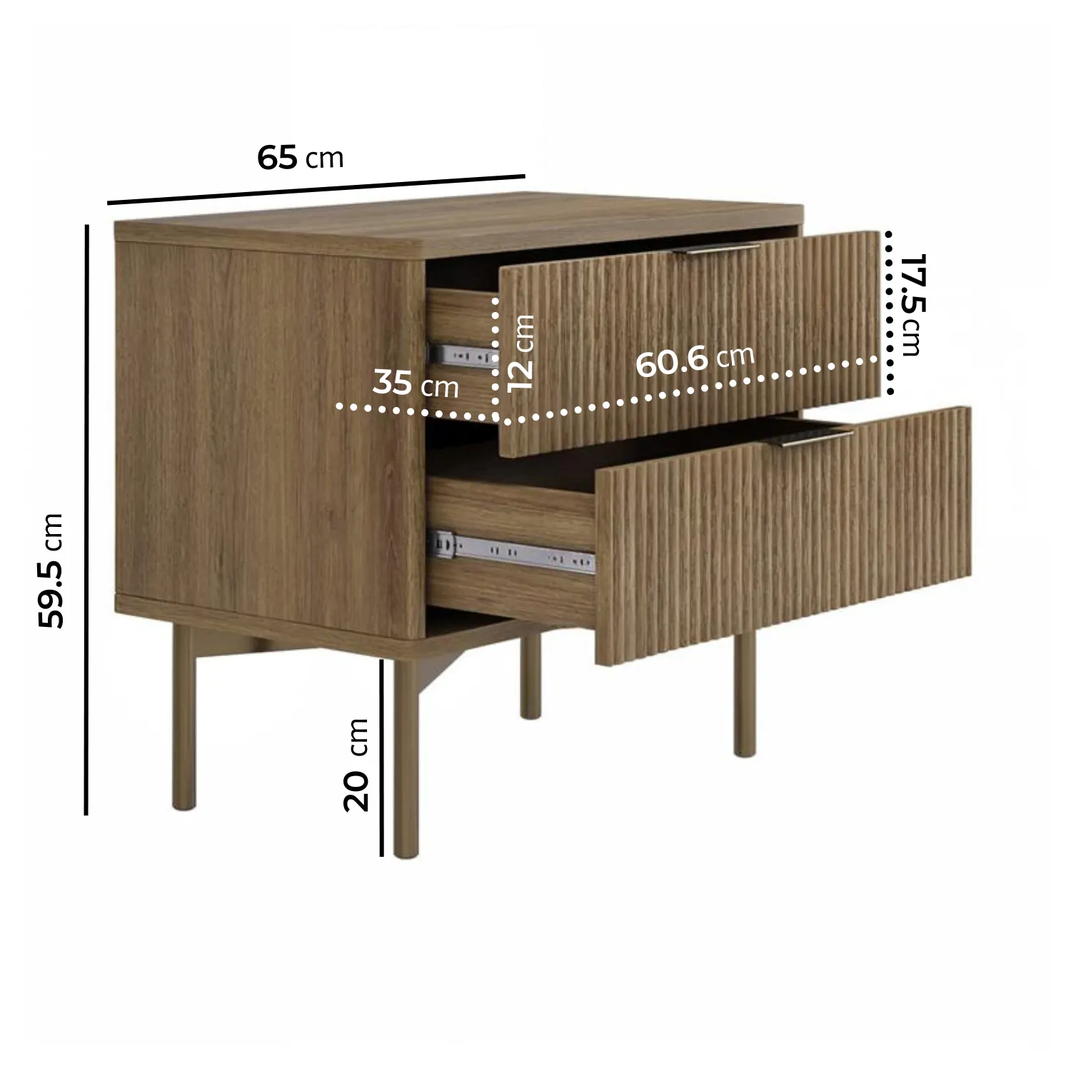 2-Drawer Bedside Table with Ribbed Front - Wood