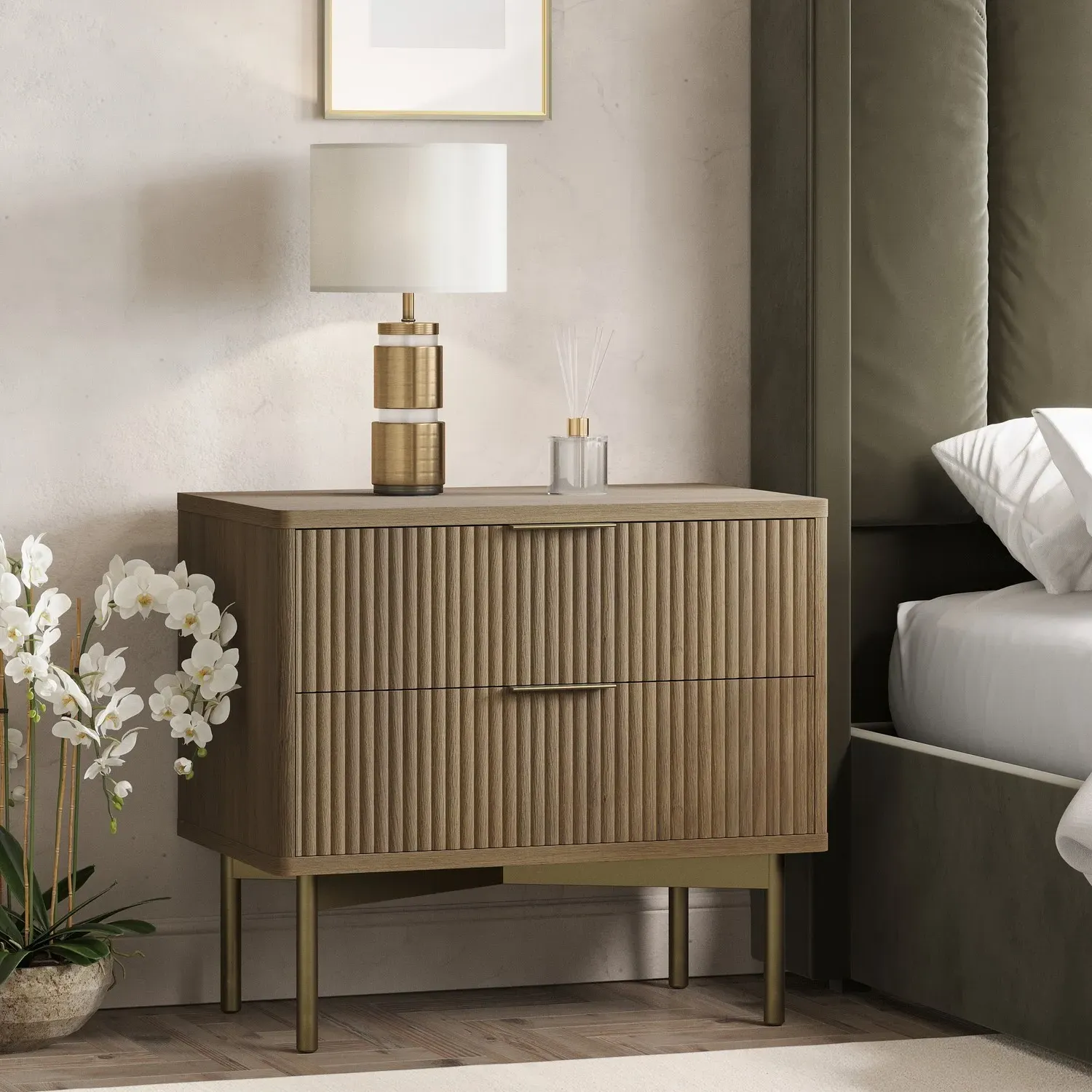 2-Drawer Bedside Table with Ribbed Front - Wood image