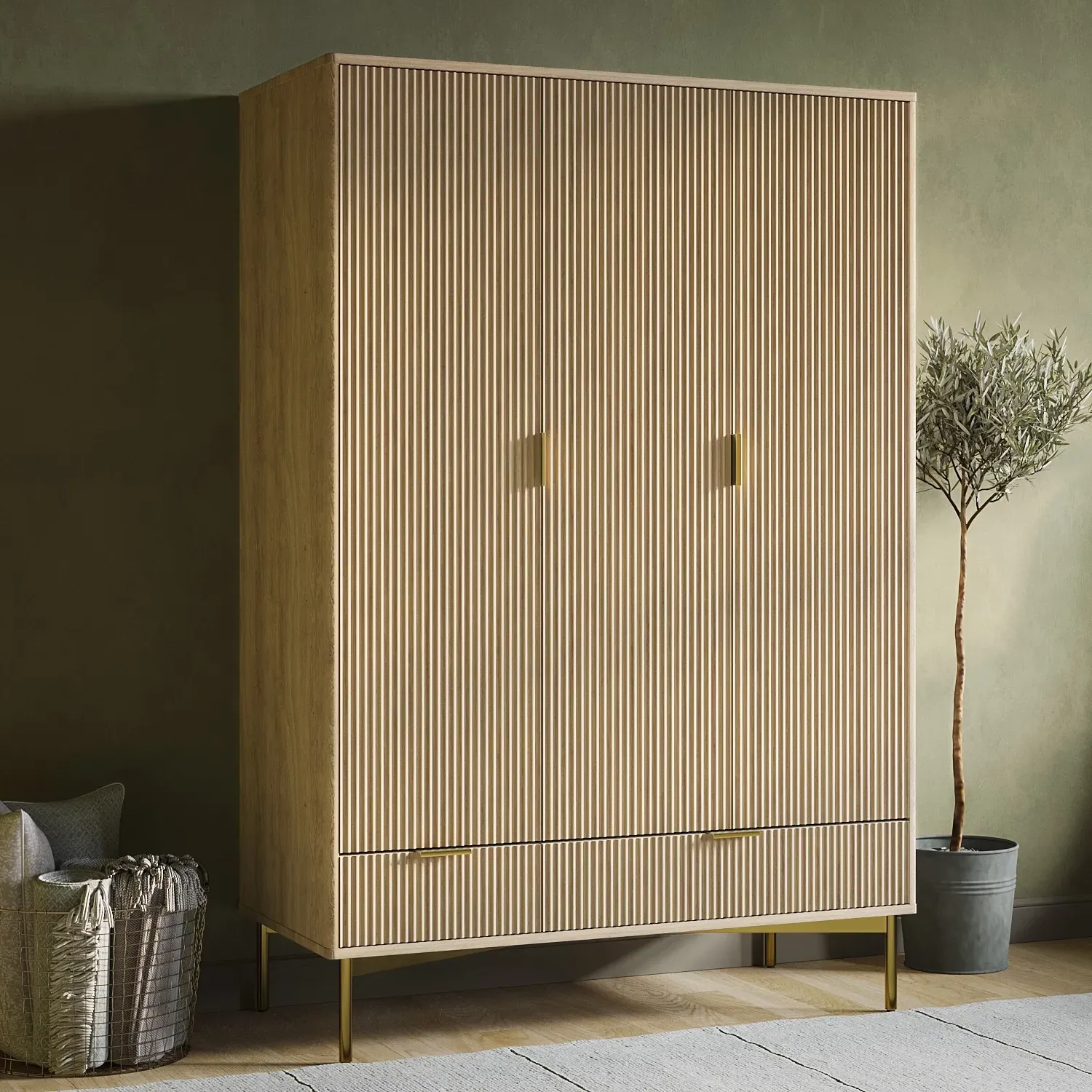 3-Door Wardrobe with 2 Drawers - Oak, MDF