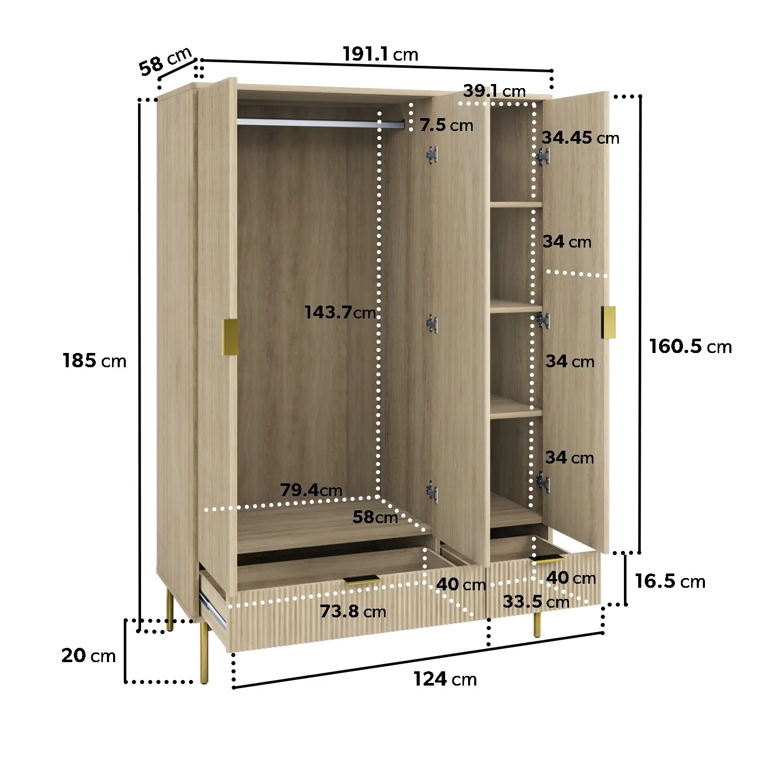 3-Door Wardrobe with 2 Drawers - Oak, MDF