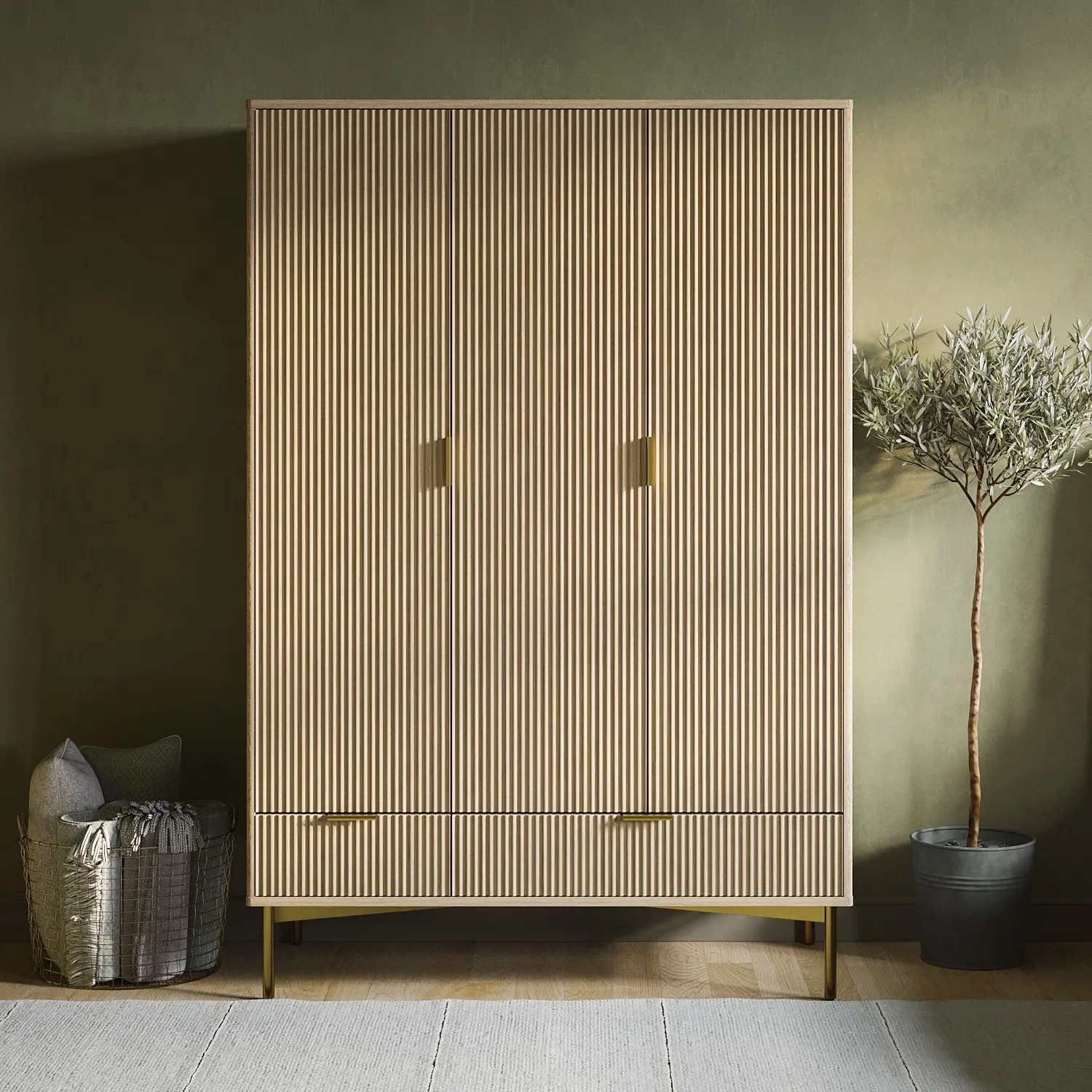 3-Door Wardrobe with 2 Drawers - Oak, MDF image