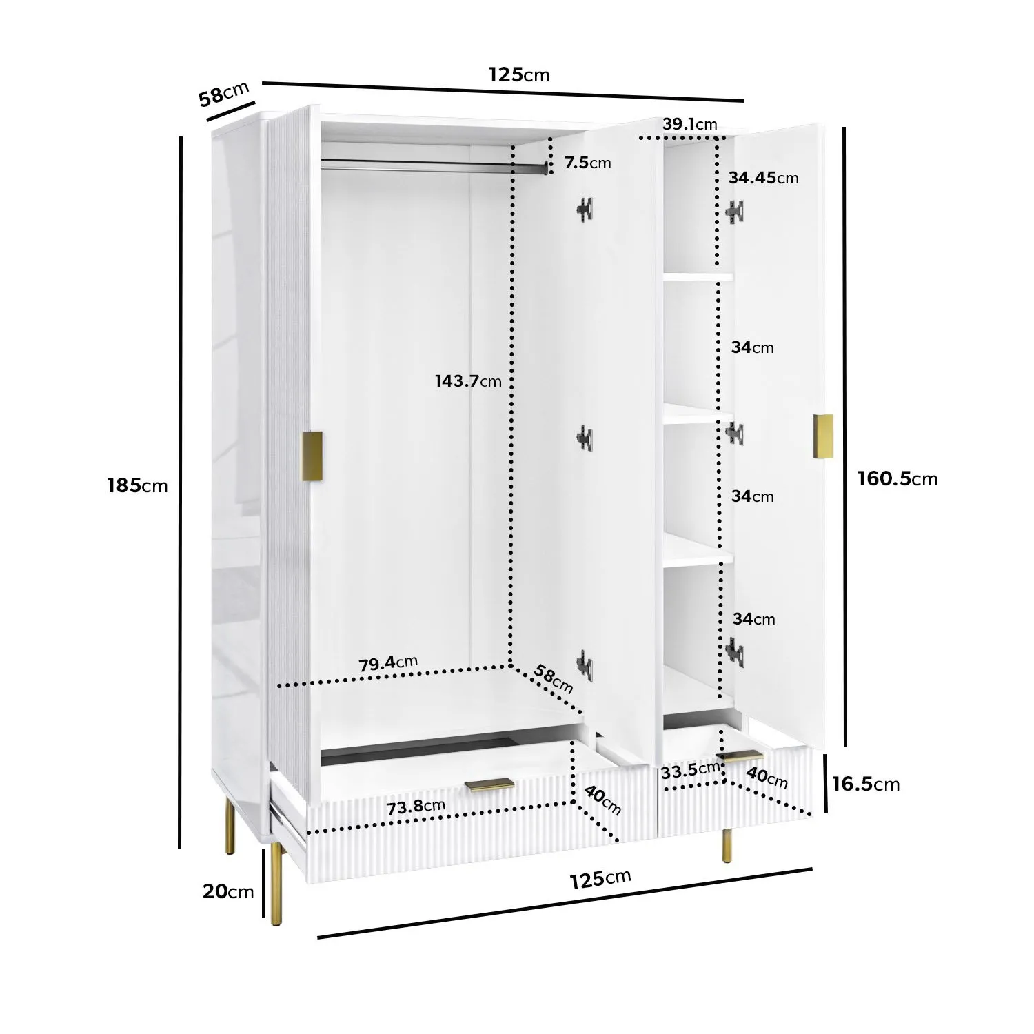 3-Door Wardrobe with 2 Drawers - White, MDF