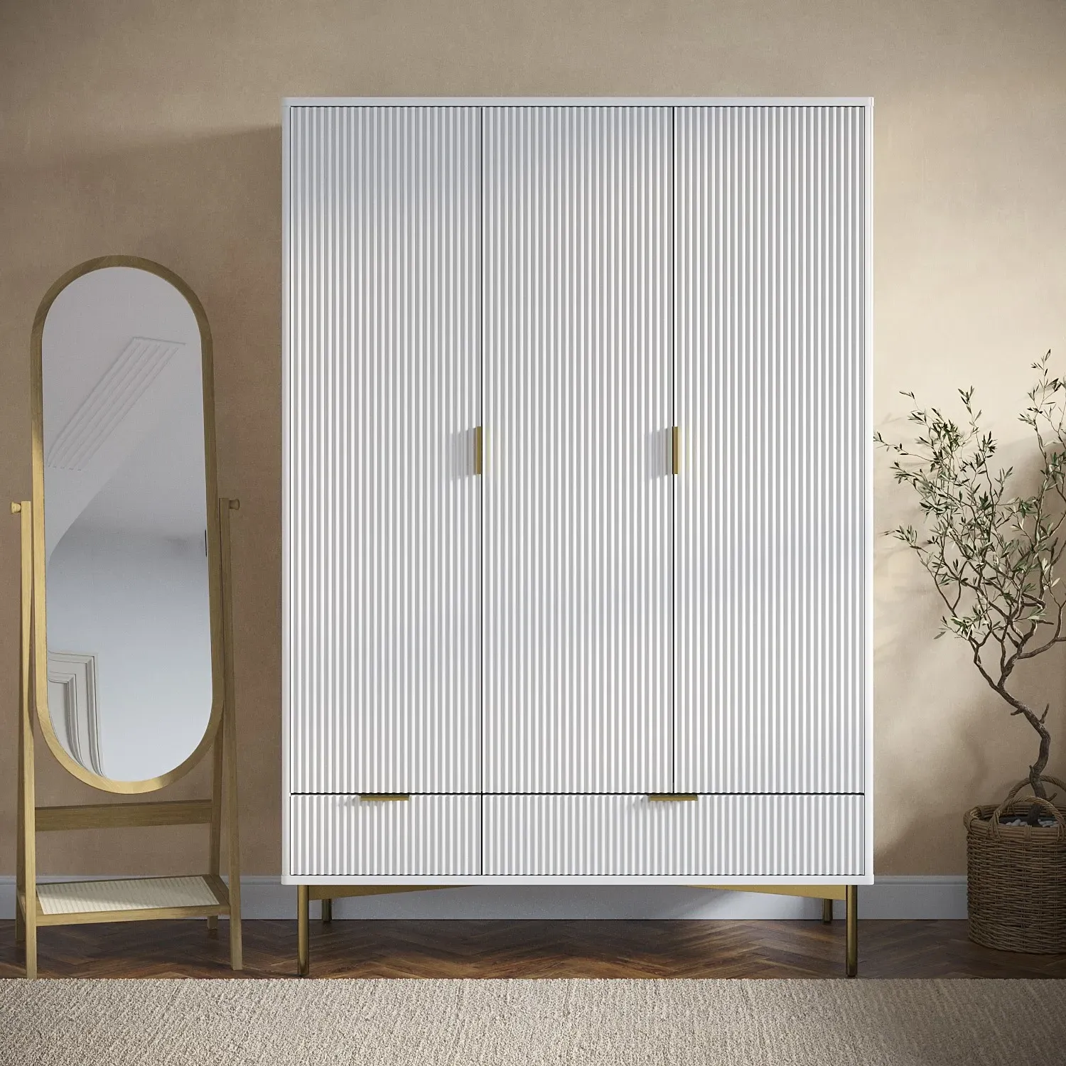 3-Door Wardrobe with 2 Drawers - White, MDF