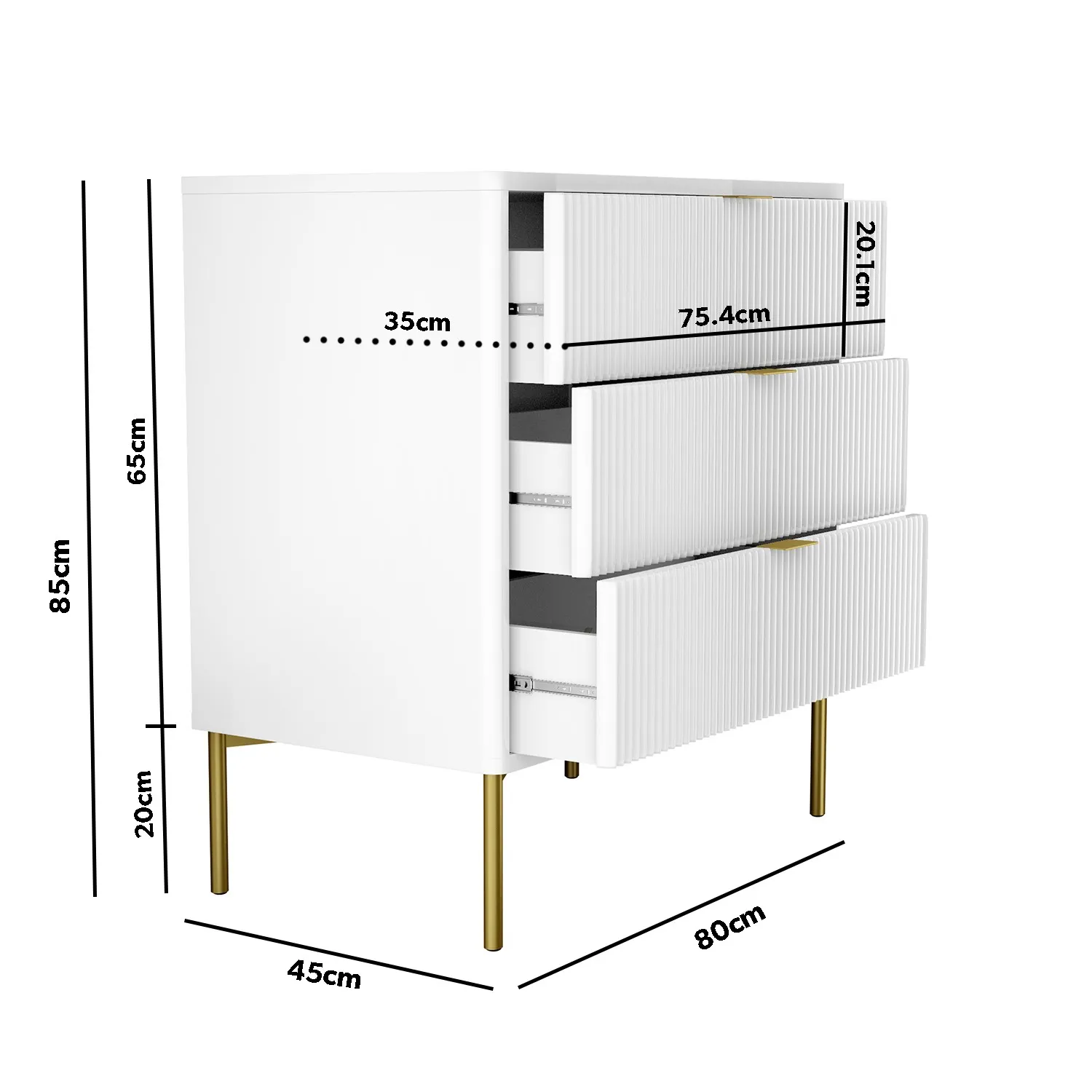 3-Drawer Chest with Gold Legs - White, High Gloss