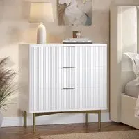 3-Drawer Chest with Gold Legs - White, High Gloss