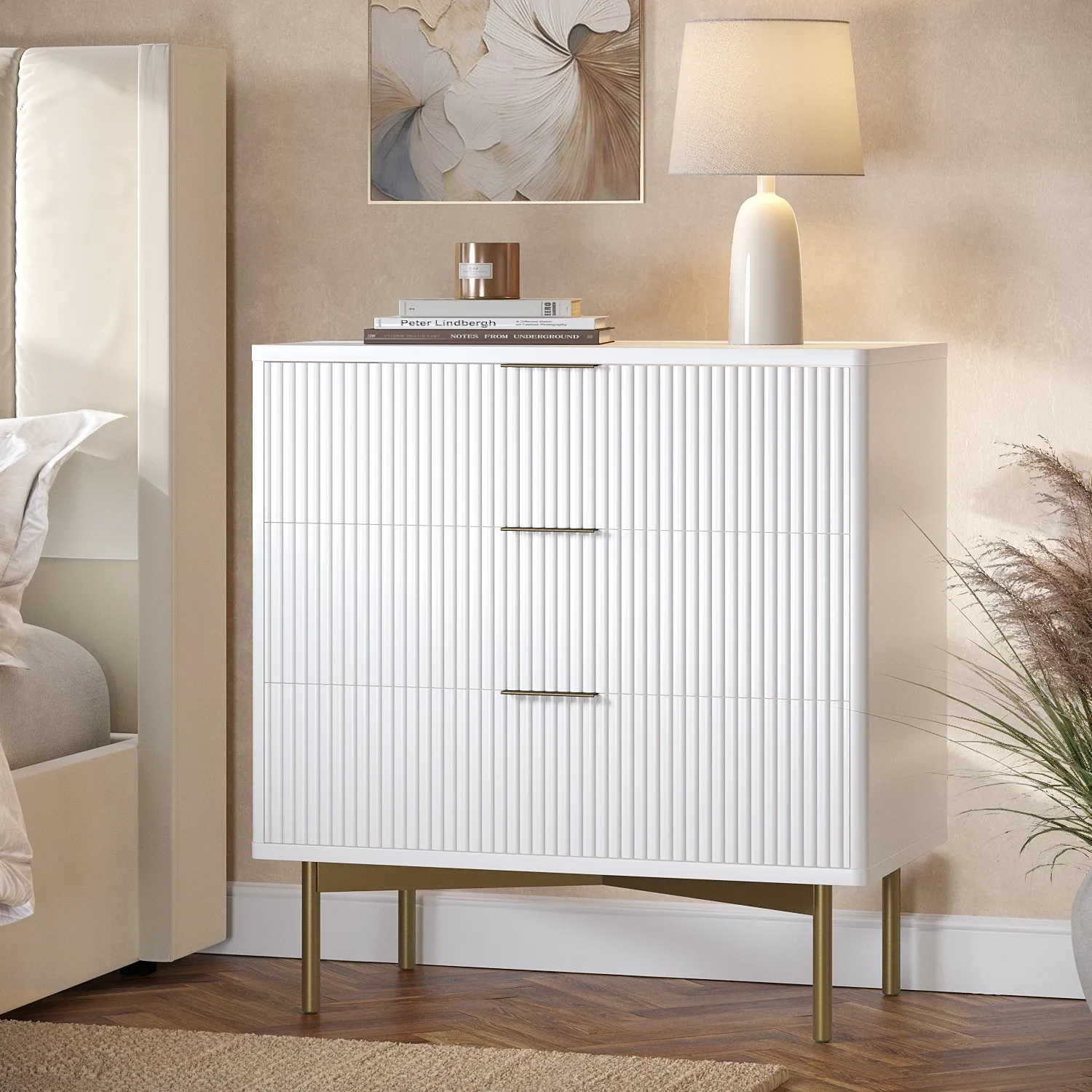3-Drawer Chest with Gold Legs - White, High Gloss image