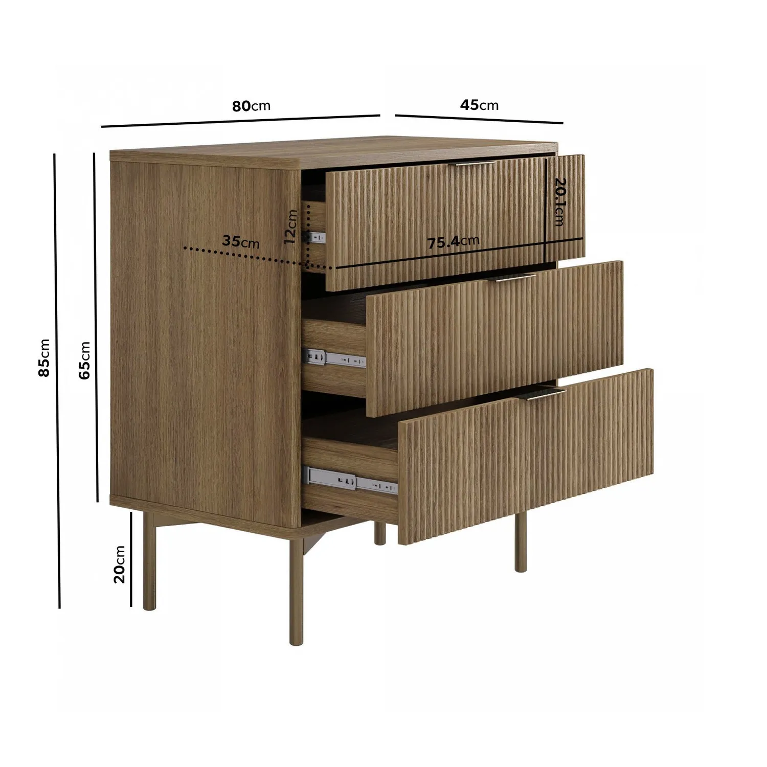 3-Drawer Chest with Ribbed Front - Wood, MDF