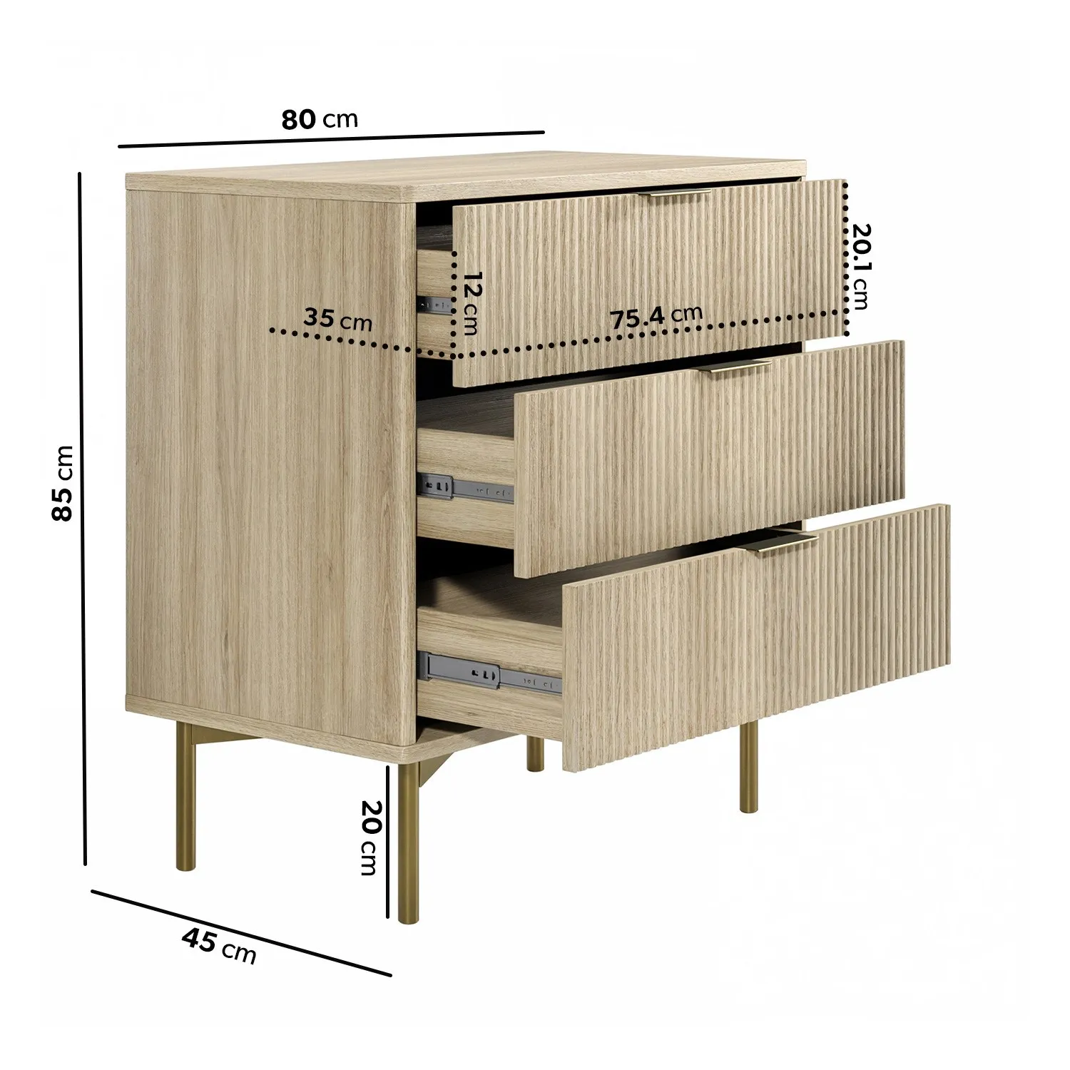 3-Drawer Chest with Ribbed Front - Wood, MDF