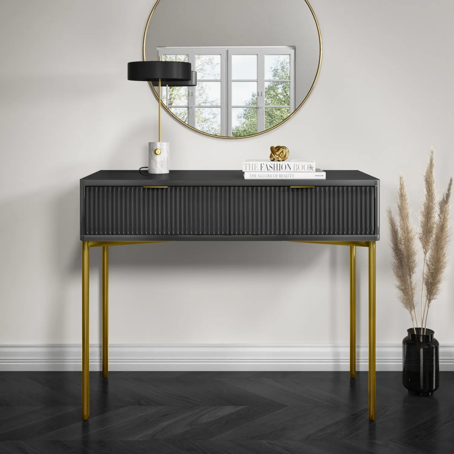 Dressing Table with 2 Drawers - Grey, High Gloss