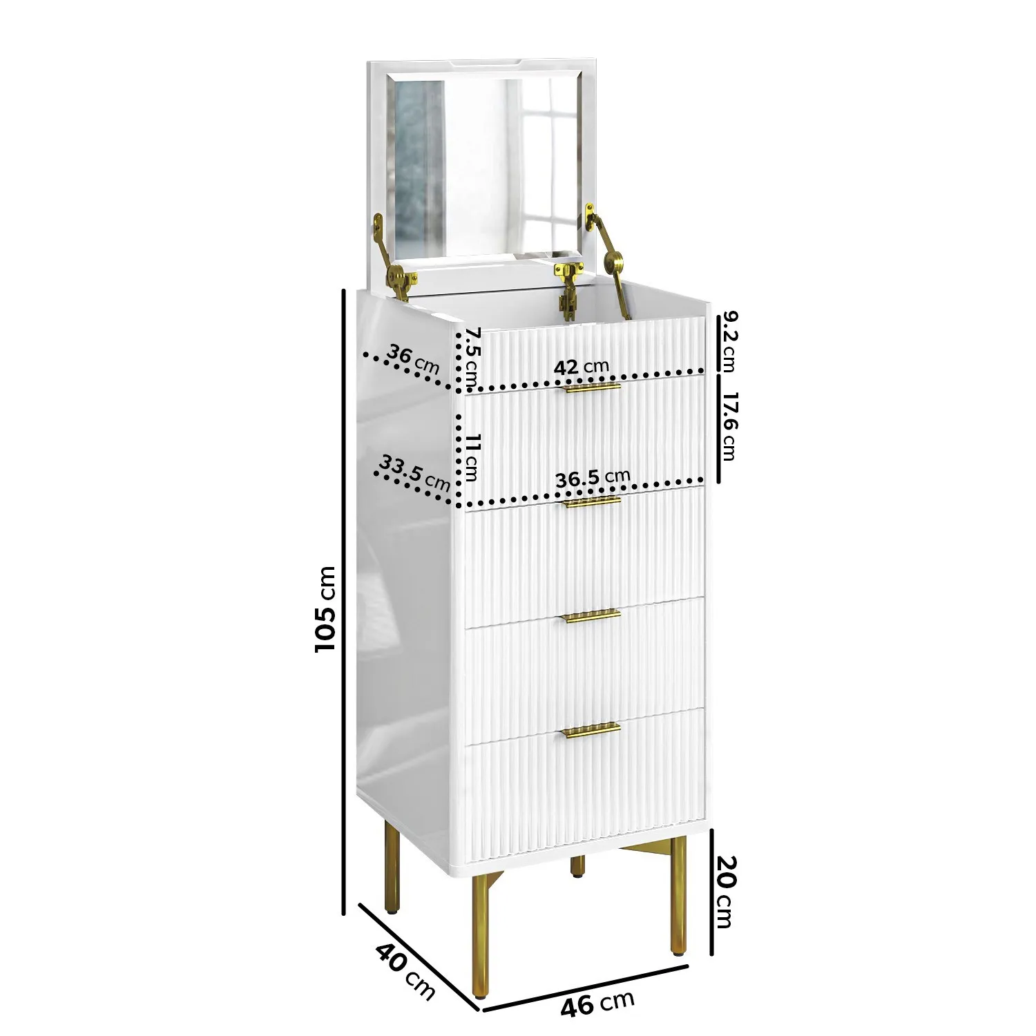 Tall 4-Drawer Chest with Mirror - White, High Gloss