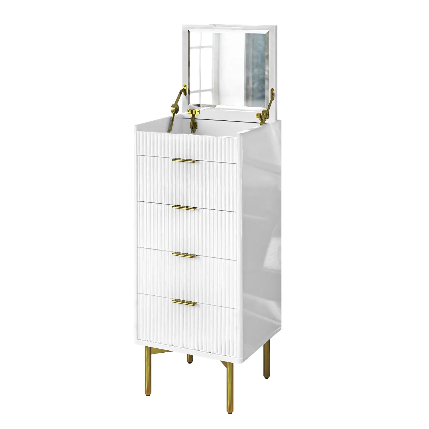Tall 4-Drawer Chest with Mirror - White, High Gloss