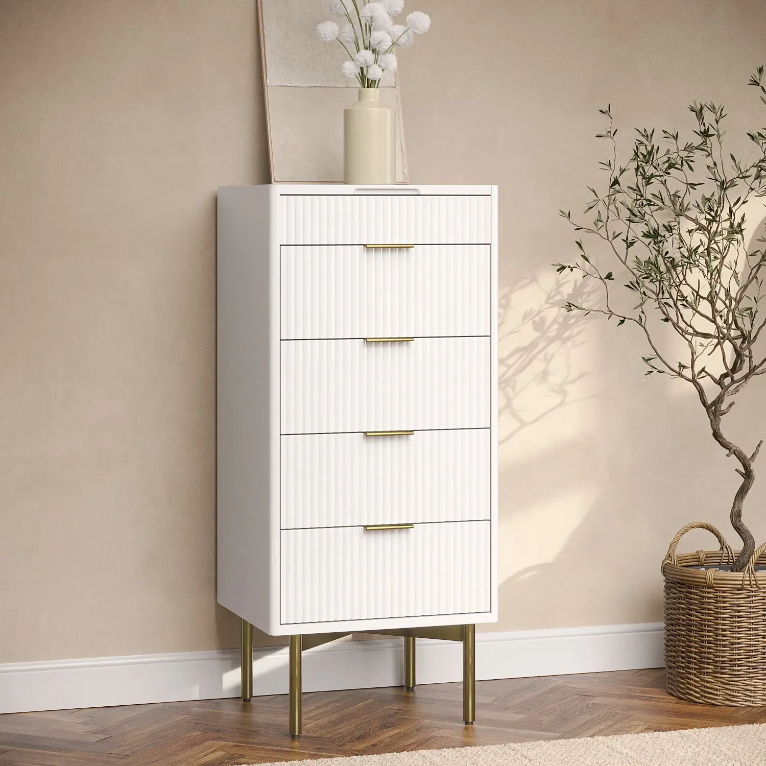 Tall 4-Drawer Chest with Mirror - White, High Gloss image