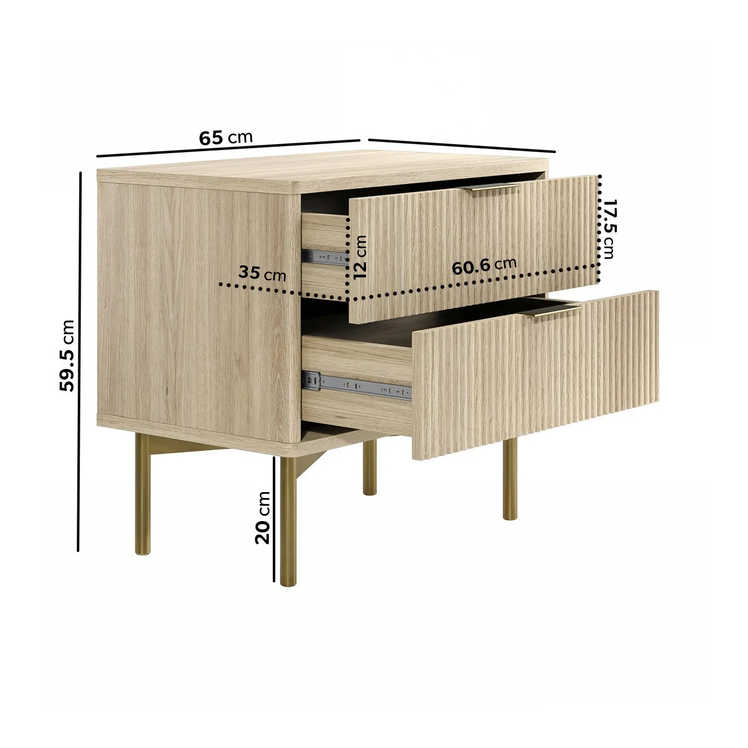 Wide 2-Drawer Bedside Table Ribbed - Oak