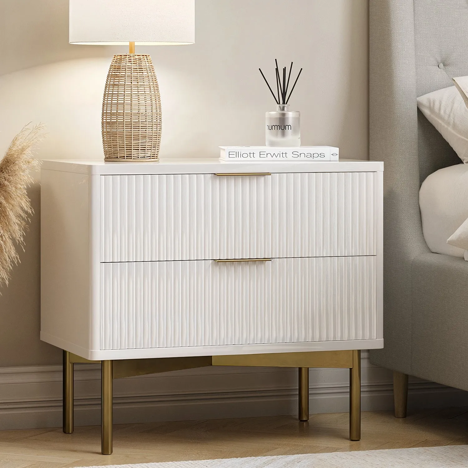 Wide 2-Drawer Bedside Table - White, Lacquer