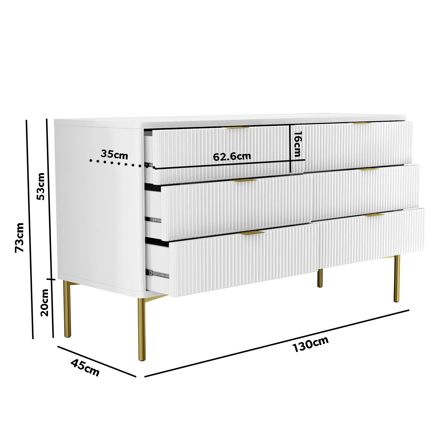 Wide 6-Drawer Chest with Gold Legs - White, High Gloss