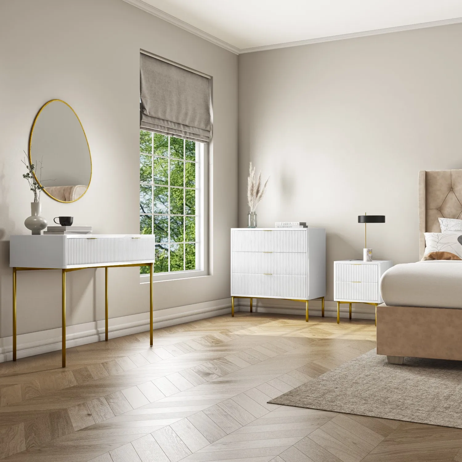 Wide 6-Drawer Chest with Gold Legs - White, High Gloss