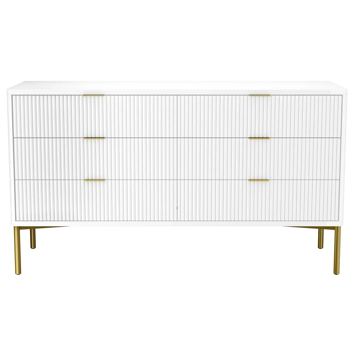 Wide 6-Drawer Chest with Gold Legs - White, High Gloss